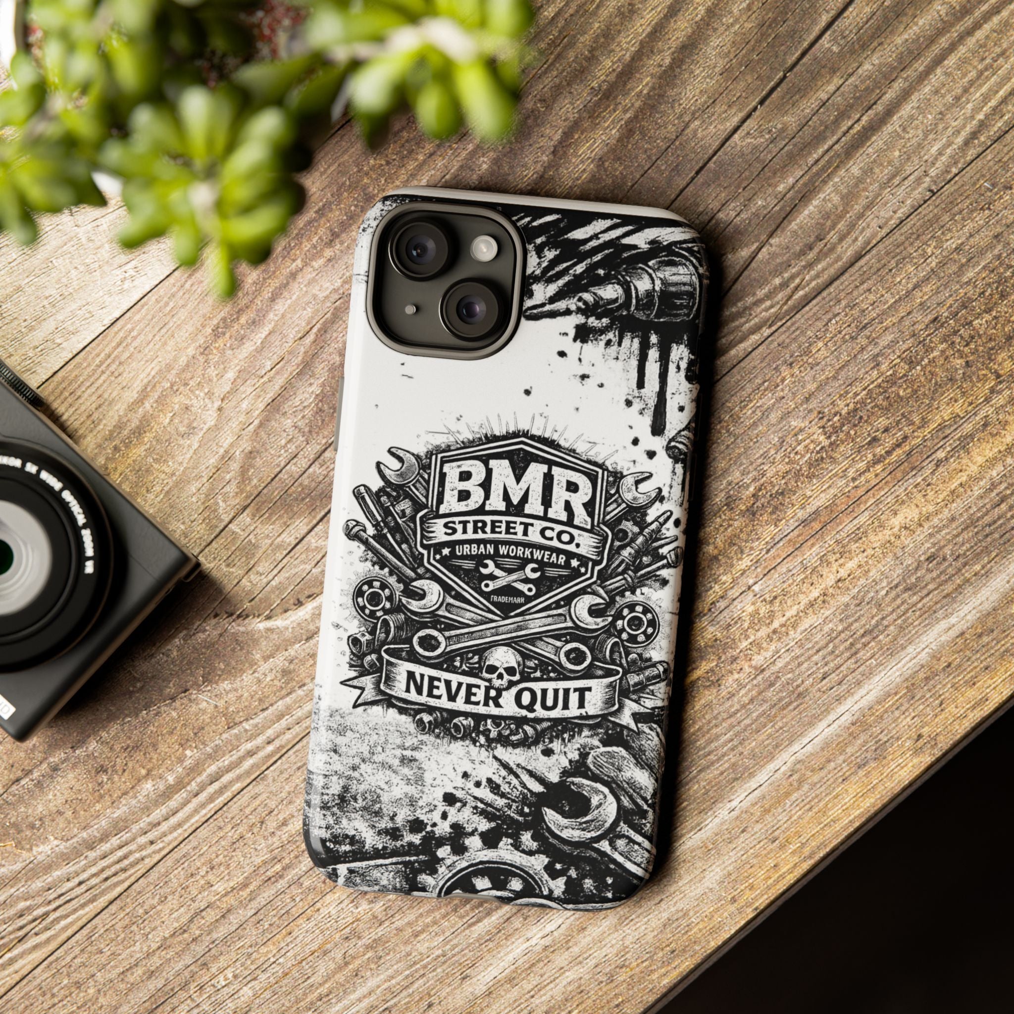 BMR Street Co. 'Never Quit' Tough Phone Case — Industrial Motorcycle Grunge Design