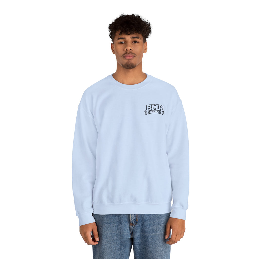 BMR Vintage Crest Crewneck Sweatshirt — White Casual Logo Pullover