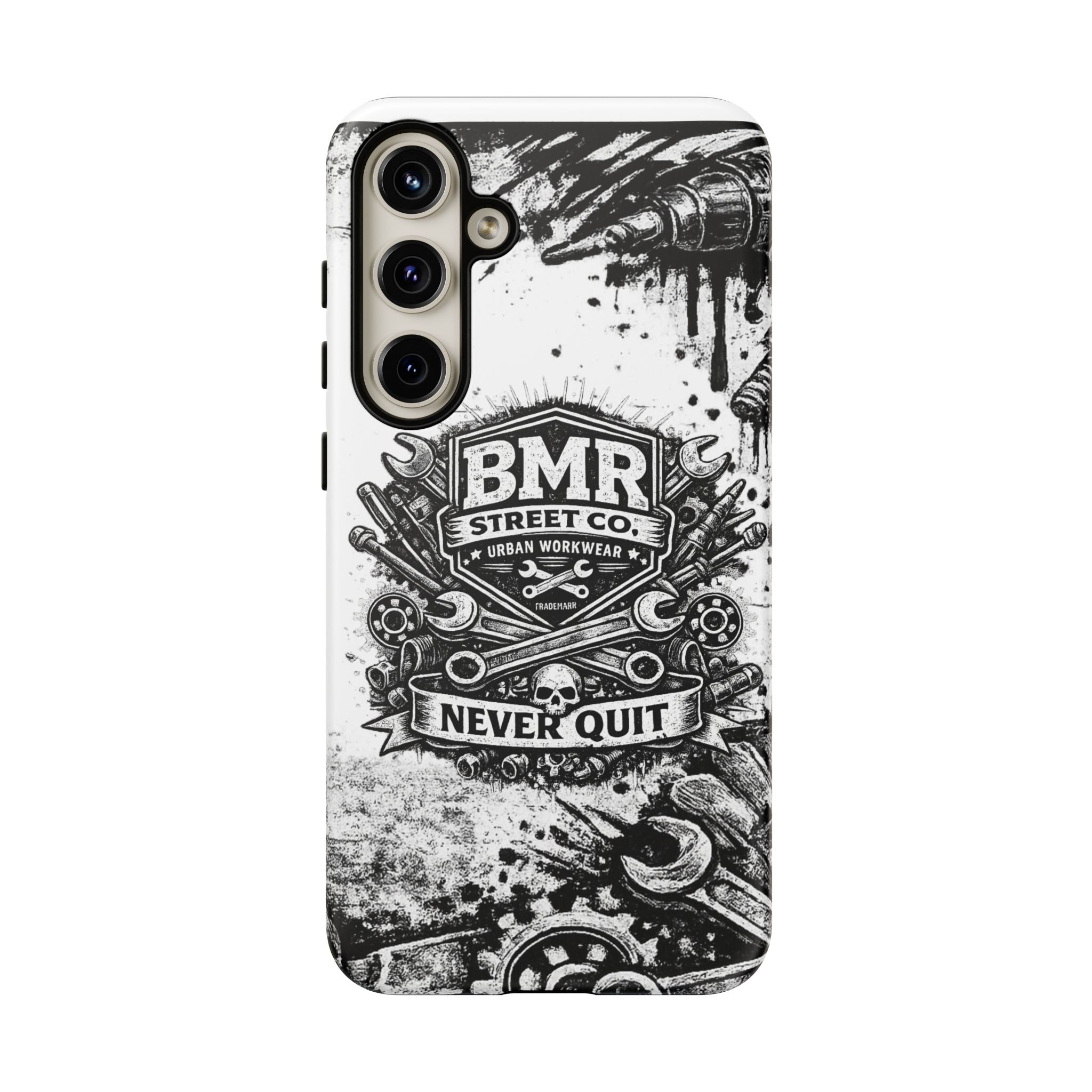 BMR Street Co. 'Never Quit' Tough Phone Case — Industrial Motorcycle Grunge Design