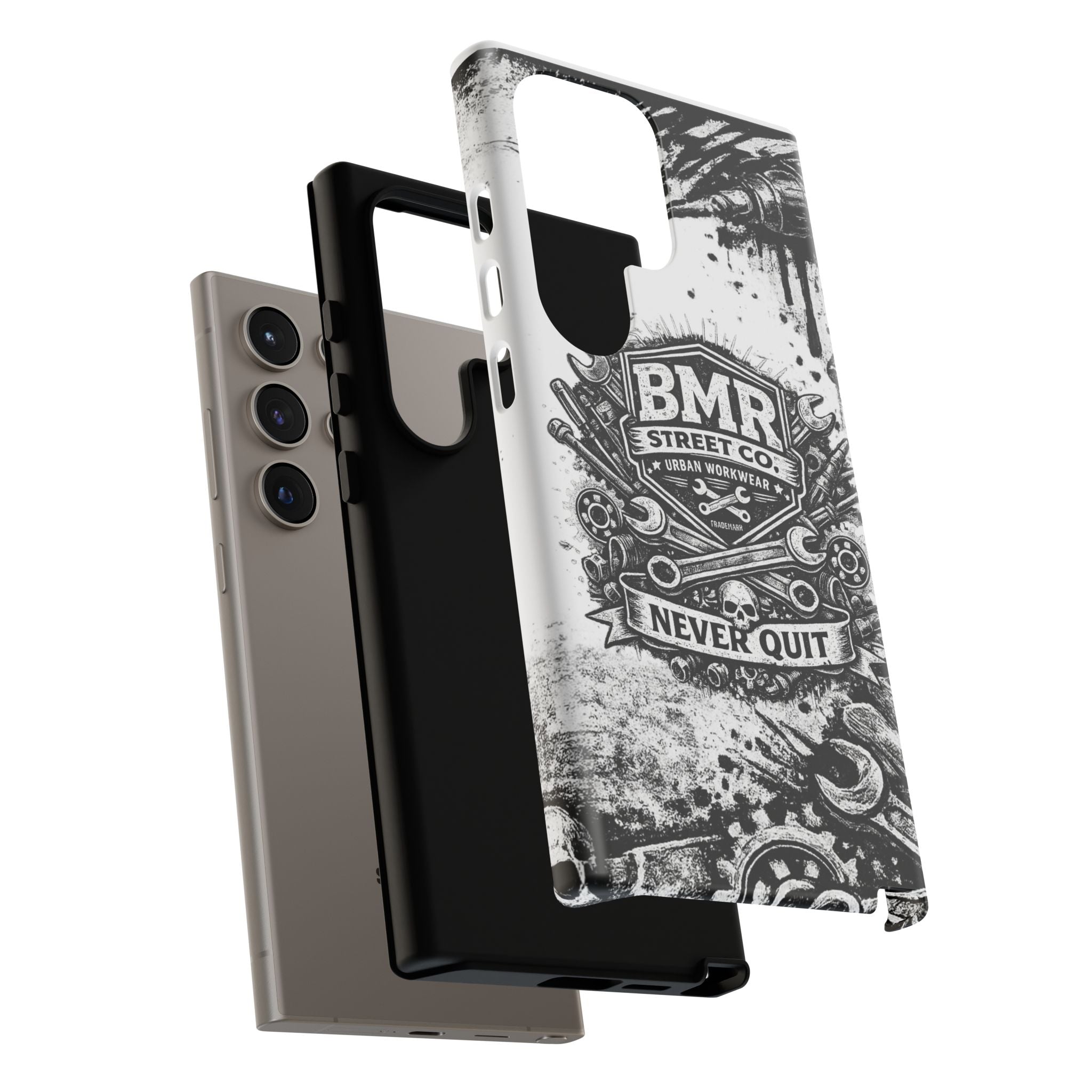BMR Street Co. 'Never Quit' Tough Phone Case — Industrial Motorcycle Grunge Design