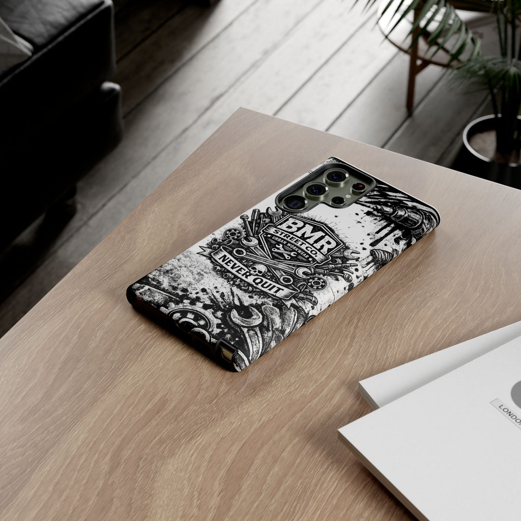 BMR Street Co. 'Never Quit' Tough Phone Case — Industrial Motorcycle Grunge Design
