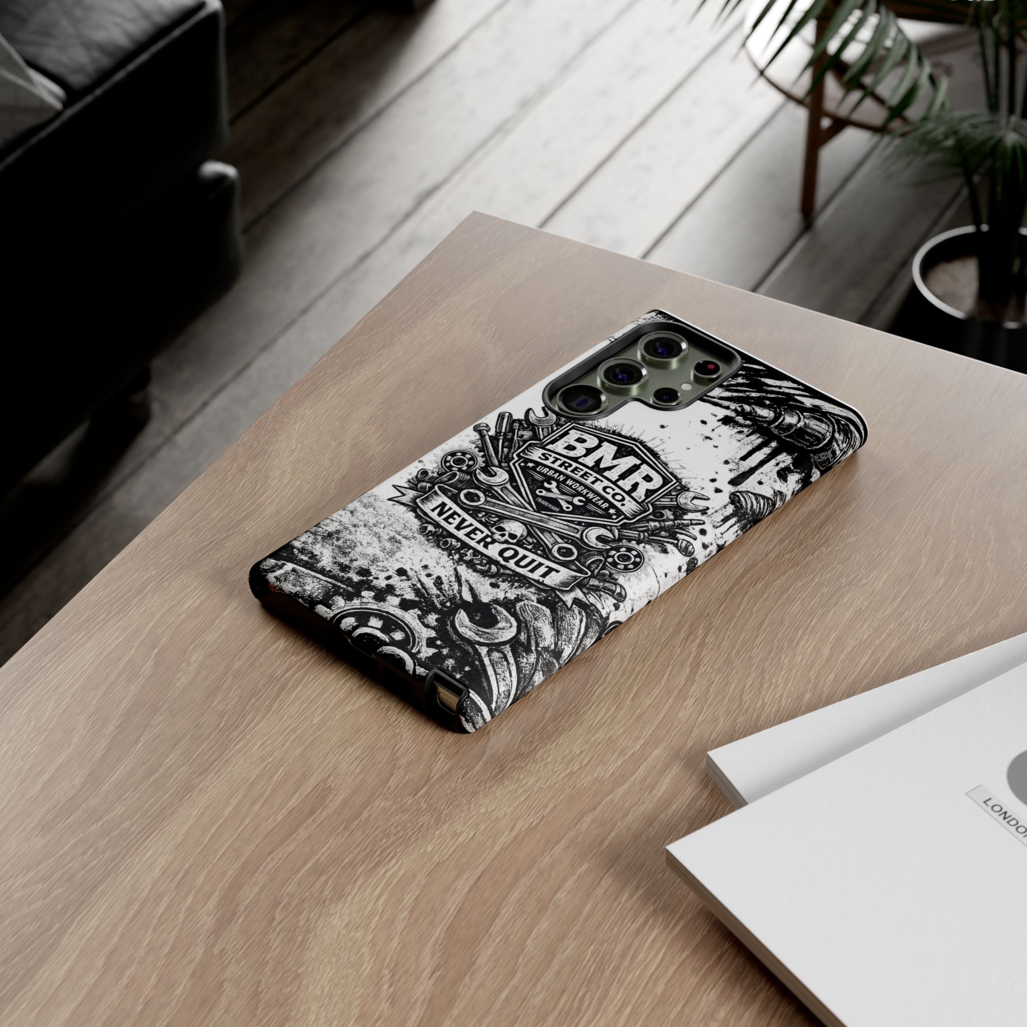 BMR Street Co. 'Never Quit' Tough Phone Case — Industrial Motorcycle Grunge Design
