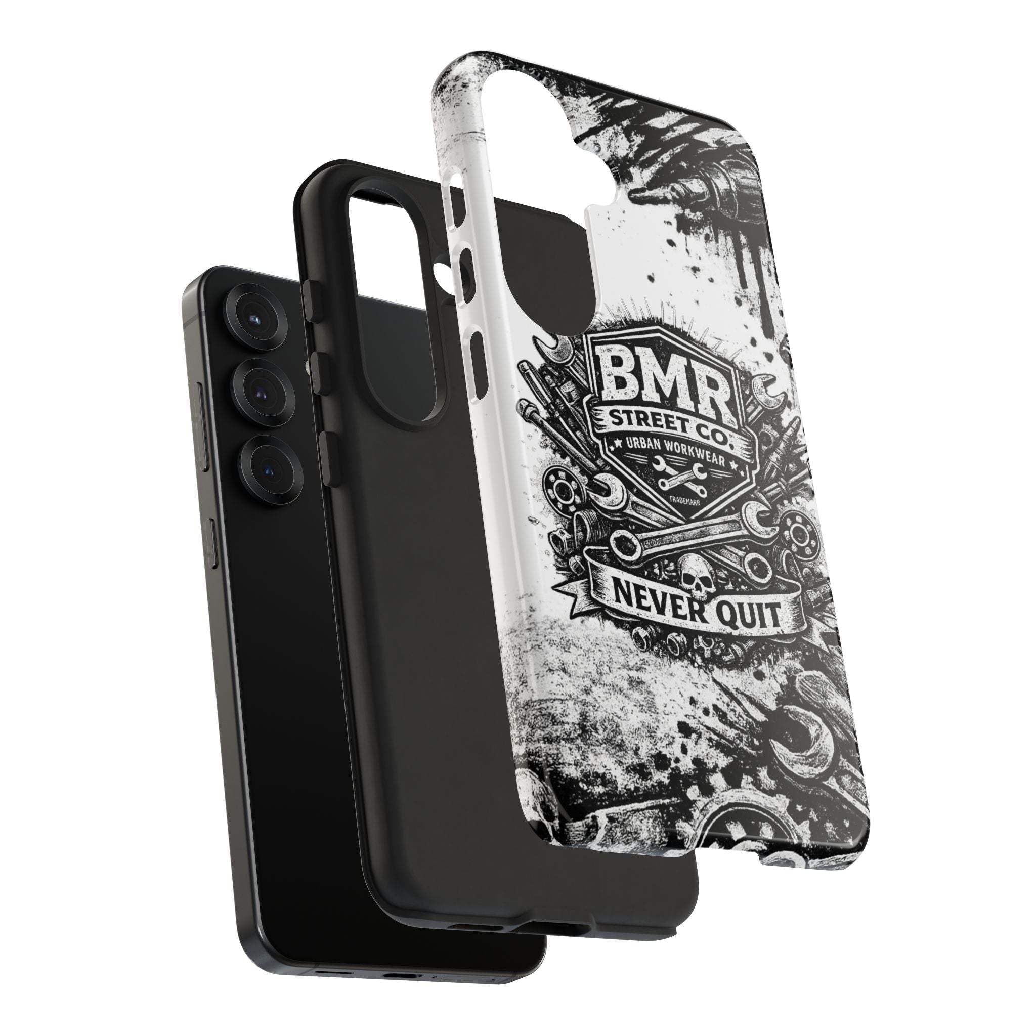 BMR Street Co. 'Never Quit' Tough Phone Case — Industrial Motorcycle Grunge Design
