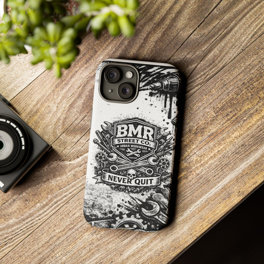 BMR Street Co. 'Never Quit' Tough Phone Case — Industrial Motorcycle Grunge Design