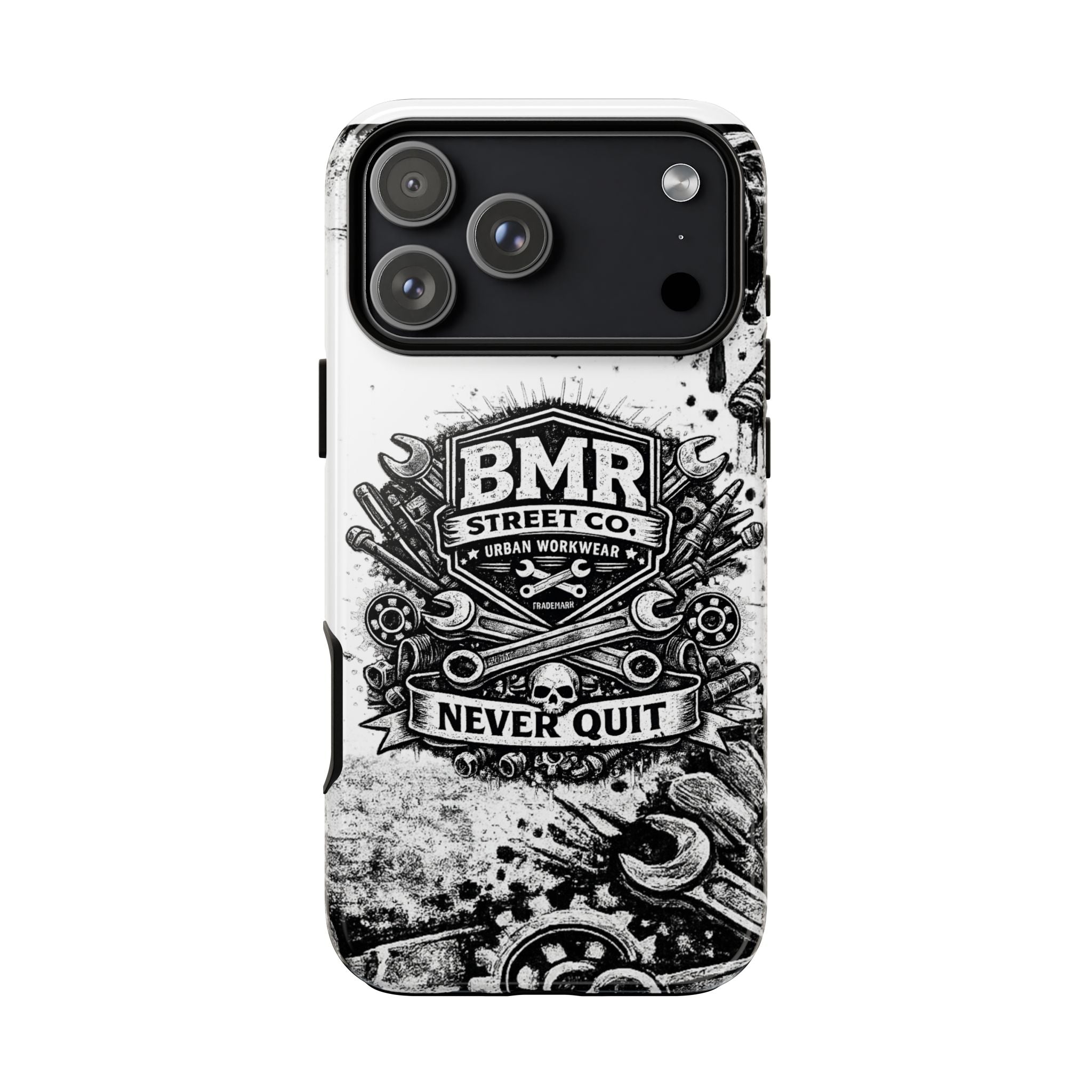 BMR Street Co. 'Never Quit' Tough Phone Case — Industrial Motorcycle Grunge Design