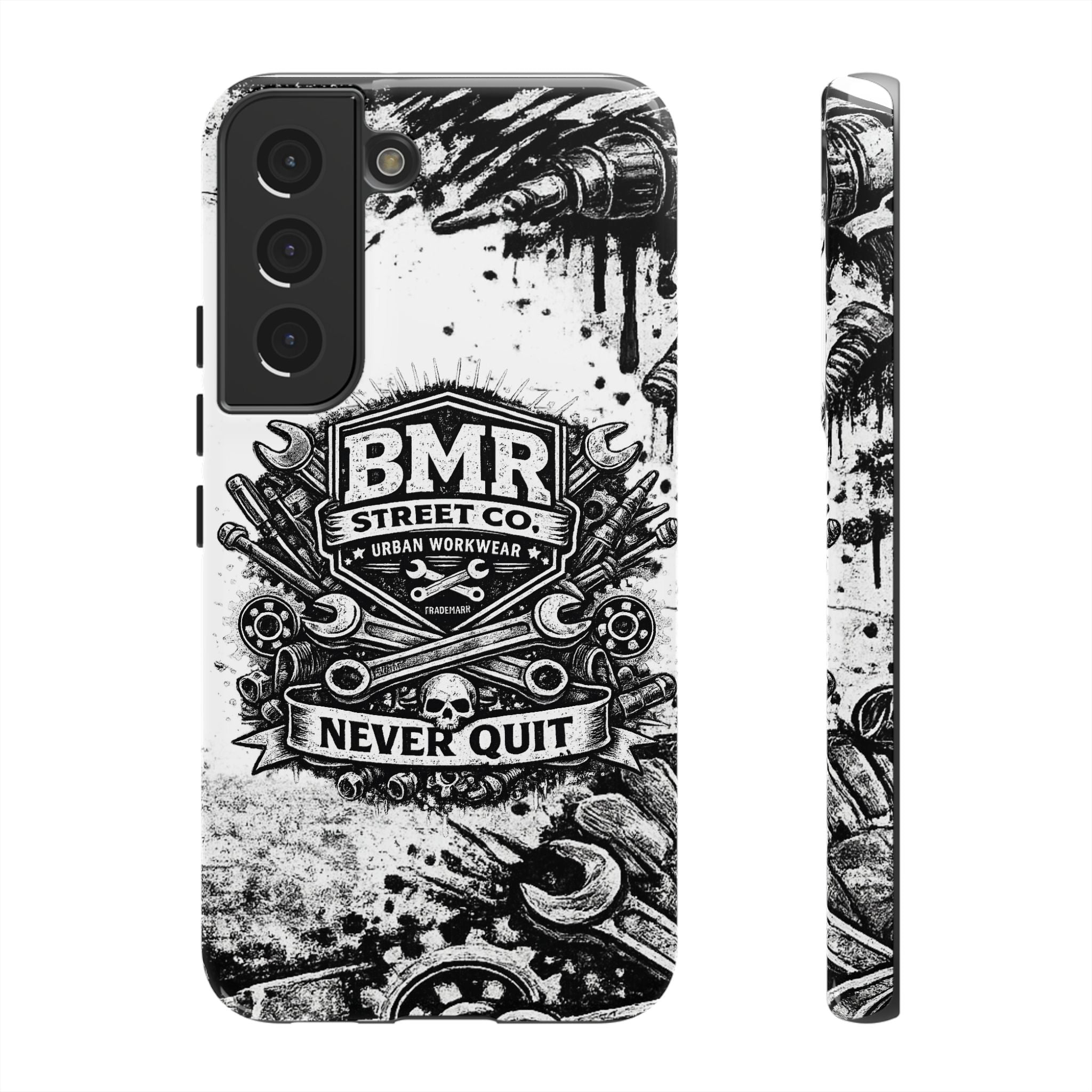 BMR Street Co. 'Never Quit' Tough Phone Case — Industrial Motorcycle Grunge Design