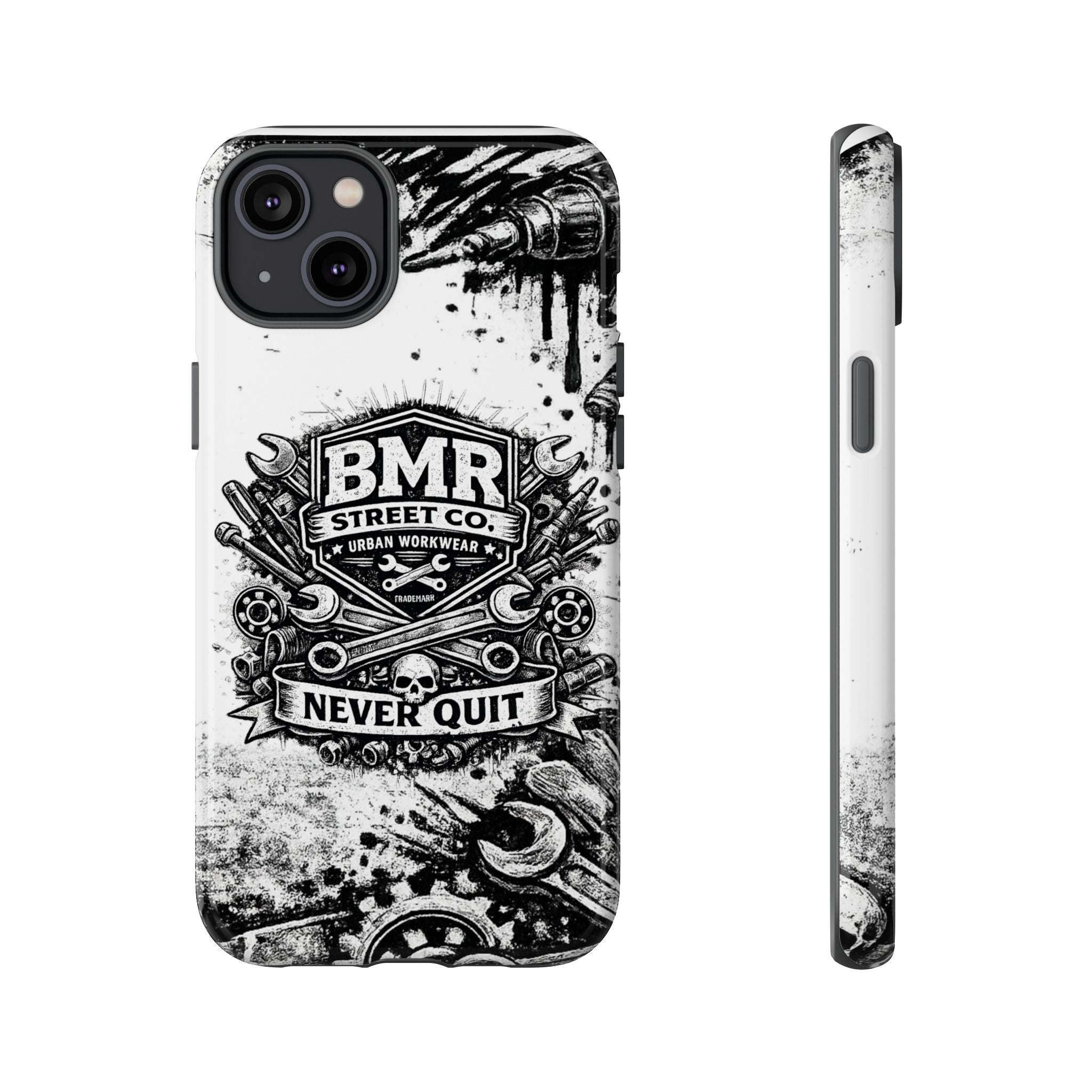 BMR Street Co. 'Never Quit' Tough Phone Case — Industrial Motorcycle Grunge Design