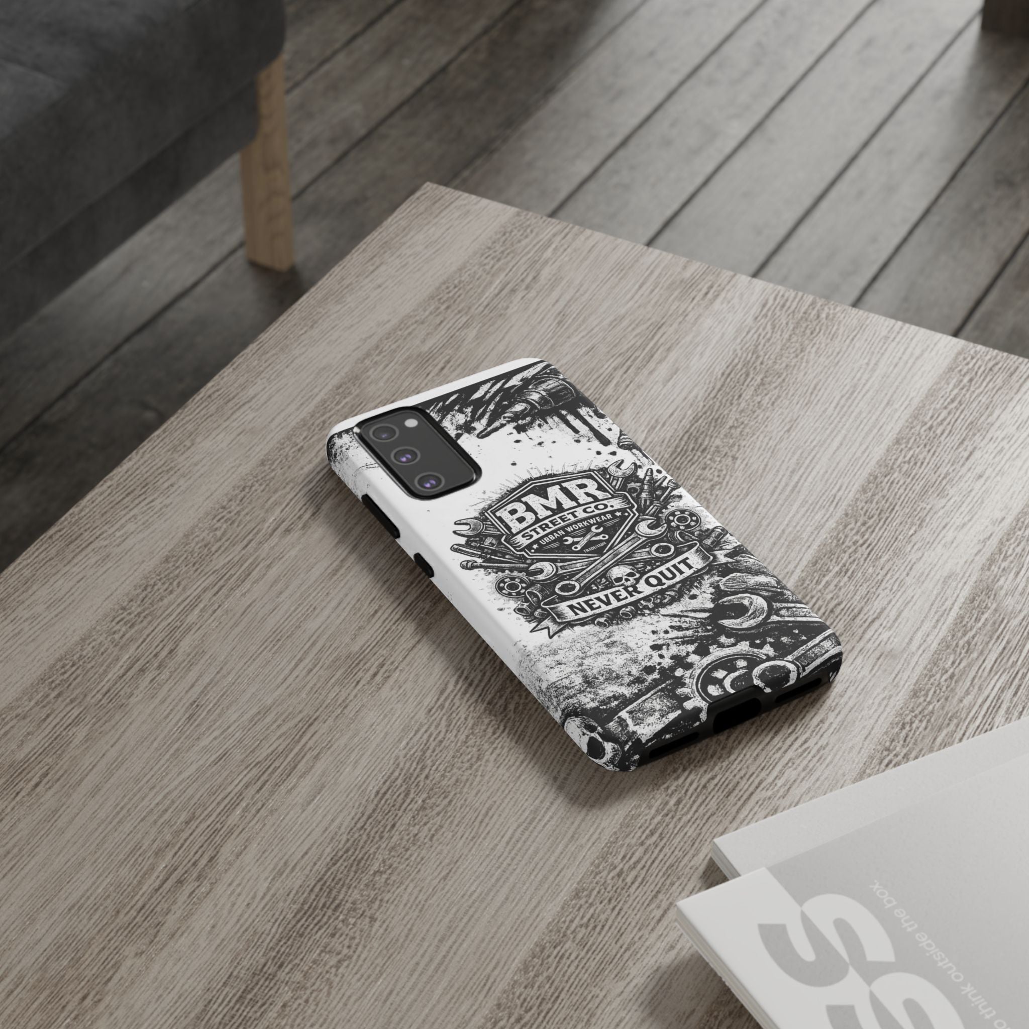 BMR Street Co. 'Never Quit' Tough Phone Case — Industrial Motorcycle Grunge Design