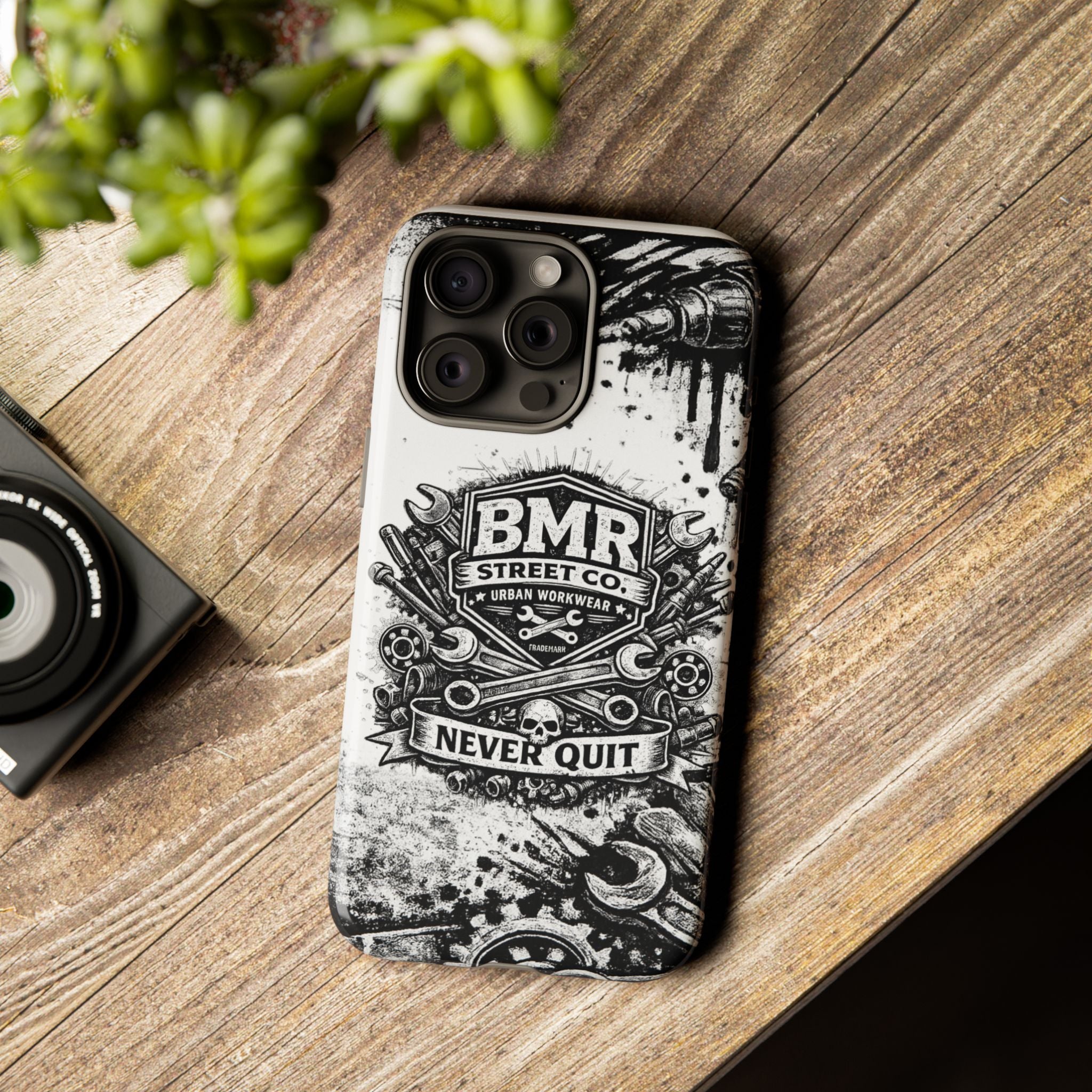 BMR Street Co. 'Never Quit' Tough Phone Case — Industrial Motorcycle Grunge Design