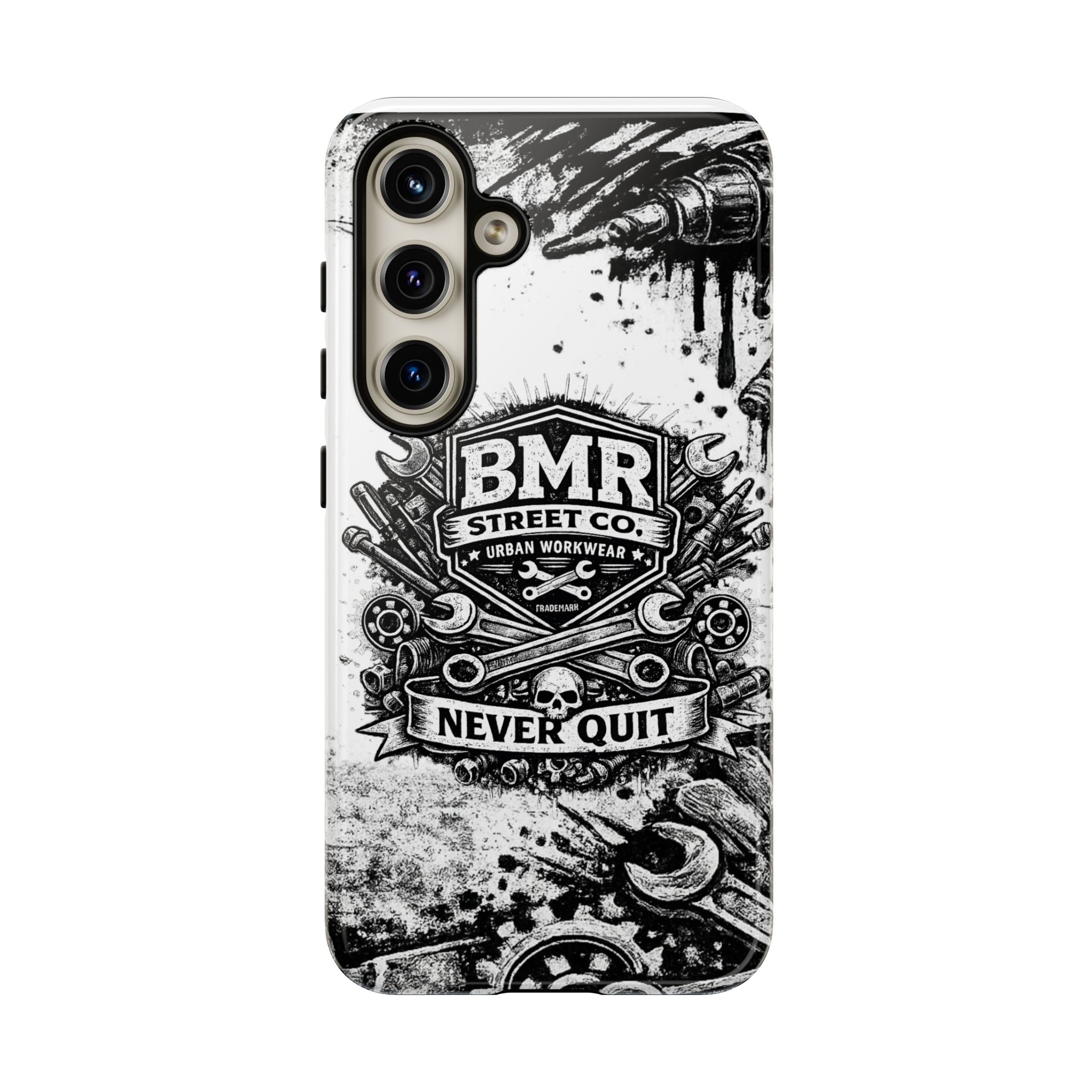 BMR Street Co. 'Never Quit' Tough Phone Case — Industrial Motorcycle Grunge Design