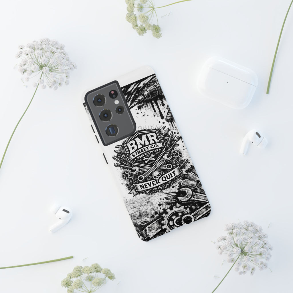 BMR Street Co. 'Never Quit' Tough Phone Case — Industrial Motorcycle Grunge Design