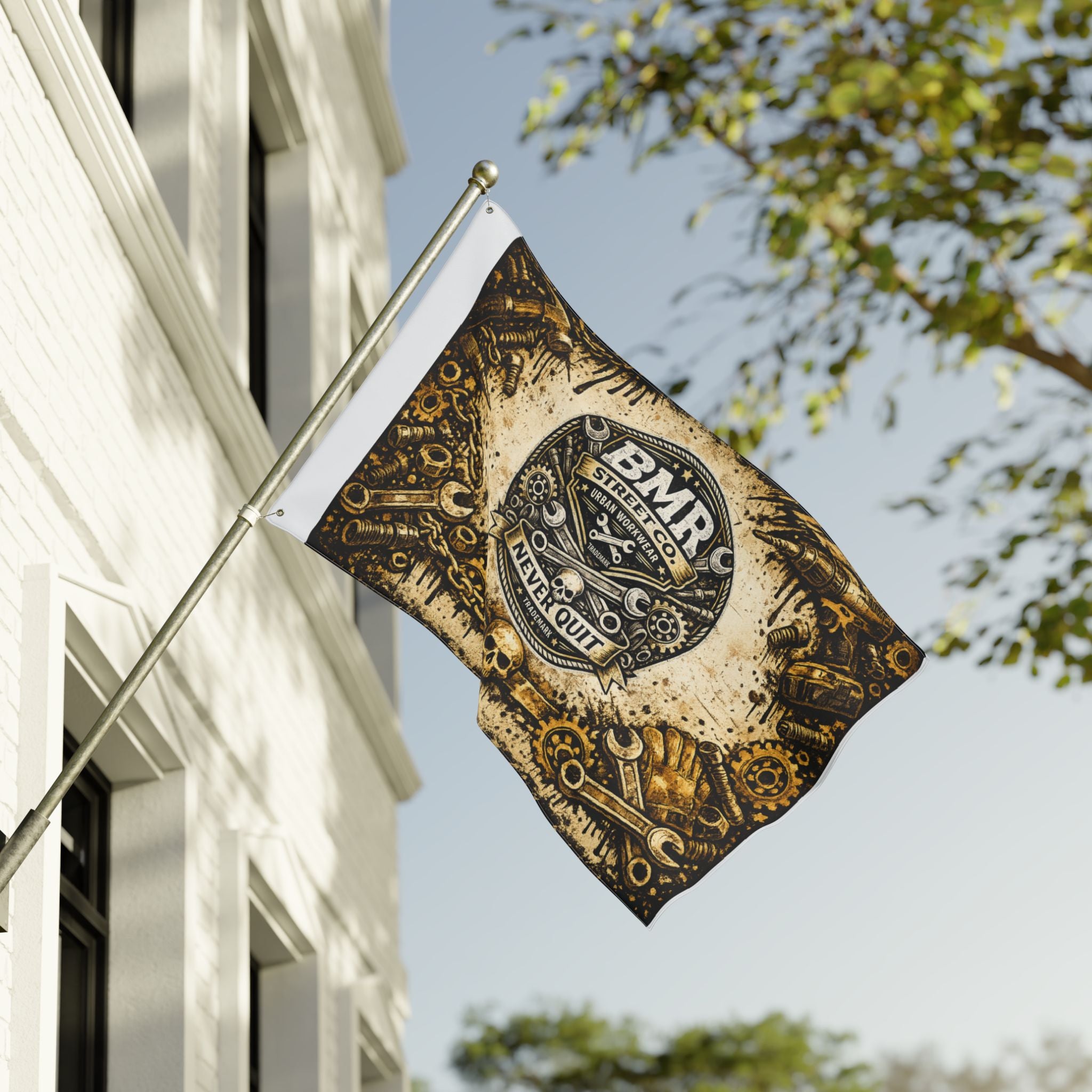 BMR Street Co. Vintage Motorcycle Skull Flag — Double-Sided Garage Banner