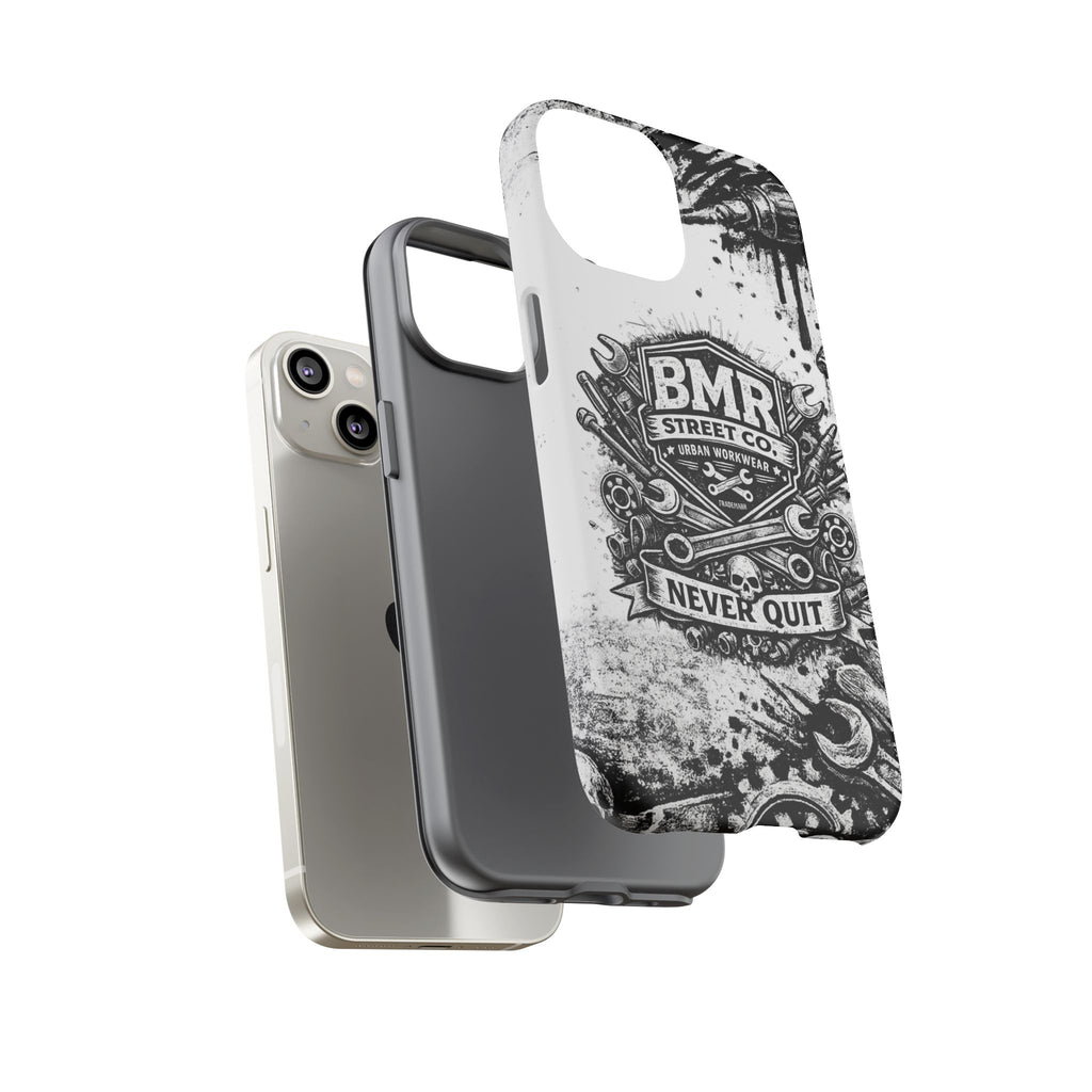 BMR Street Co. 'Never Quit' Tough Phone Case — Industrial Motorcycle Grunge Design