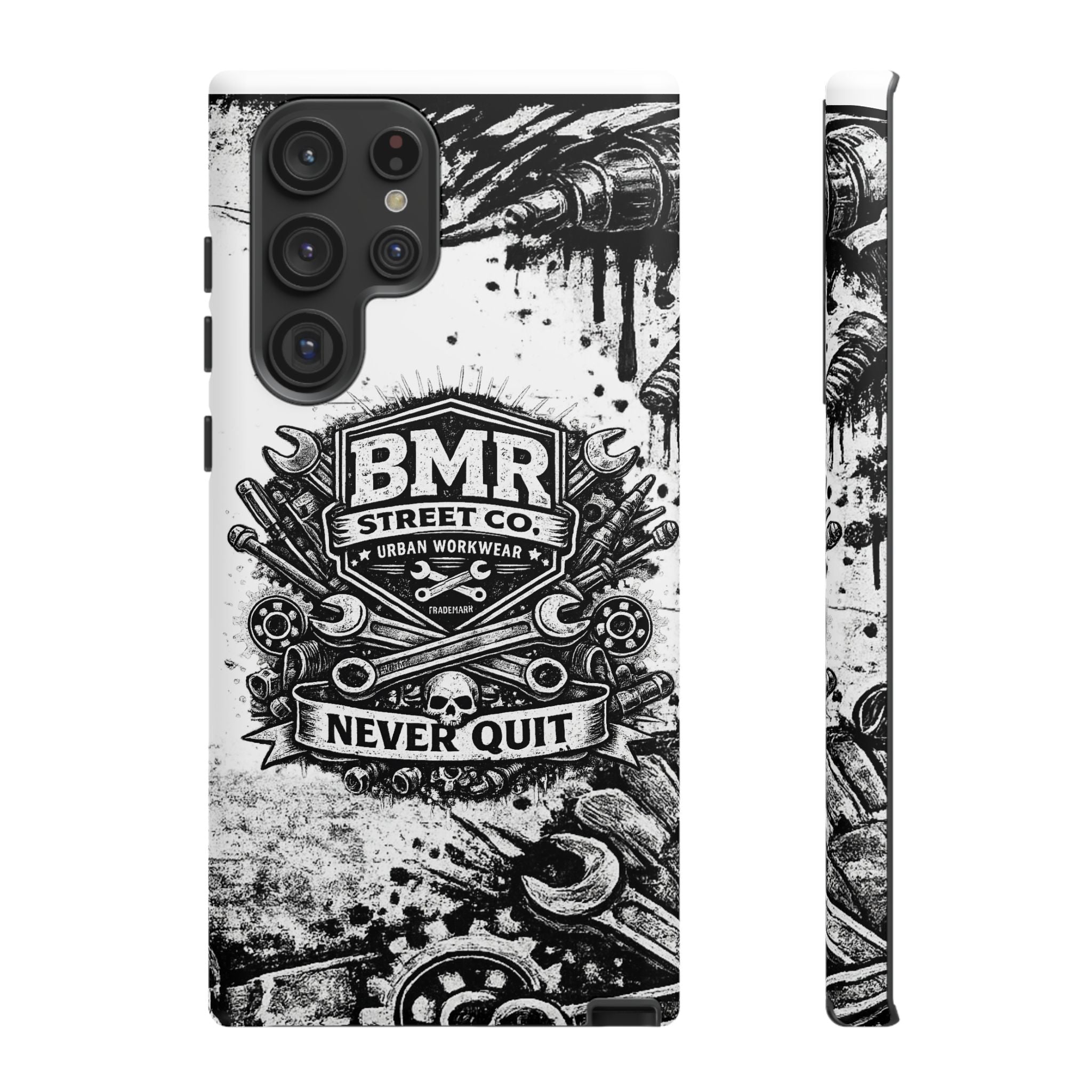 BMR Street Co. 'Never Quit' Tough Phone Case — Industrial Motorcycle Grunge Design
