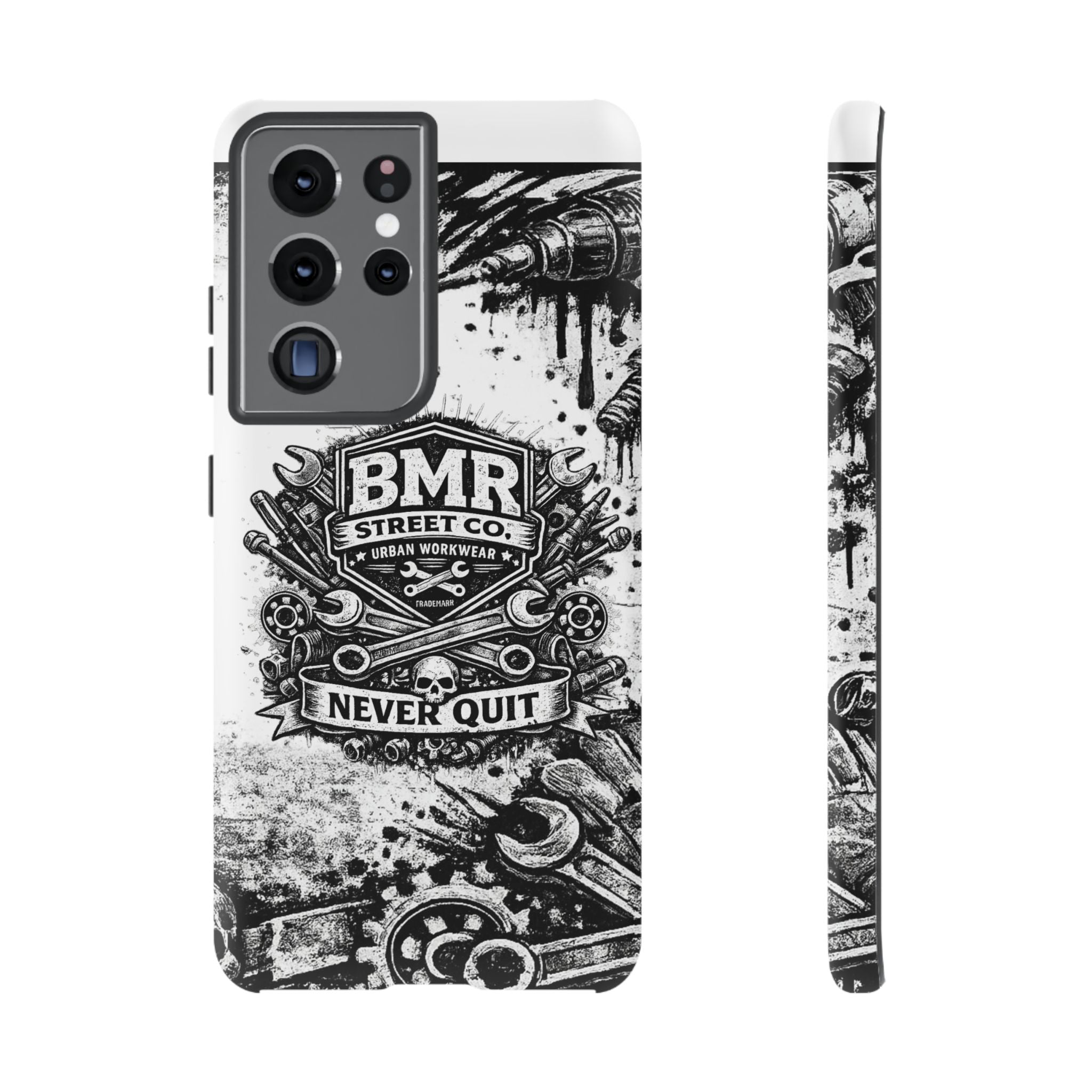 BMR Street Co. 'Never Quit' Tough Phone Case — Industrial Motorcycle Grunge Design