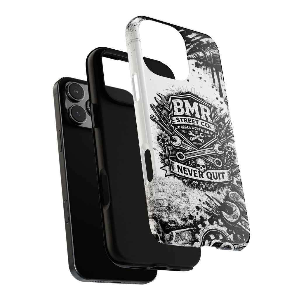 BMR Street Co. 'Never Quit' Tough Phone Case — Industrial Motorcycle Grunge Design