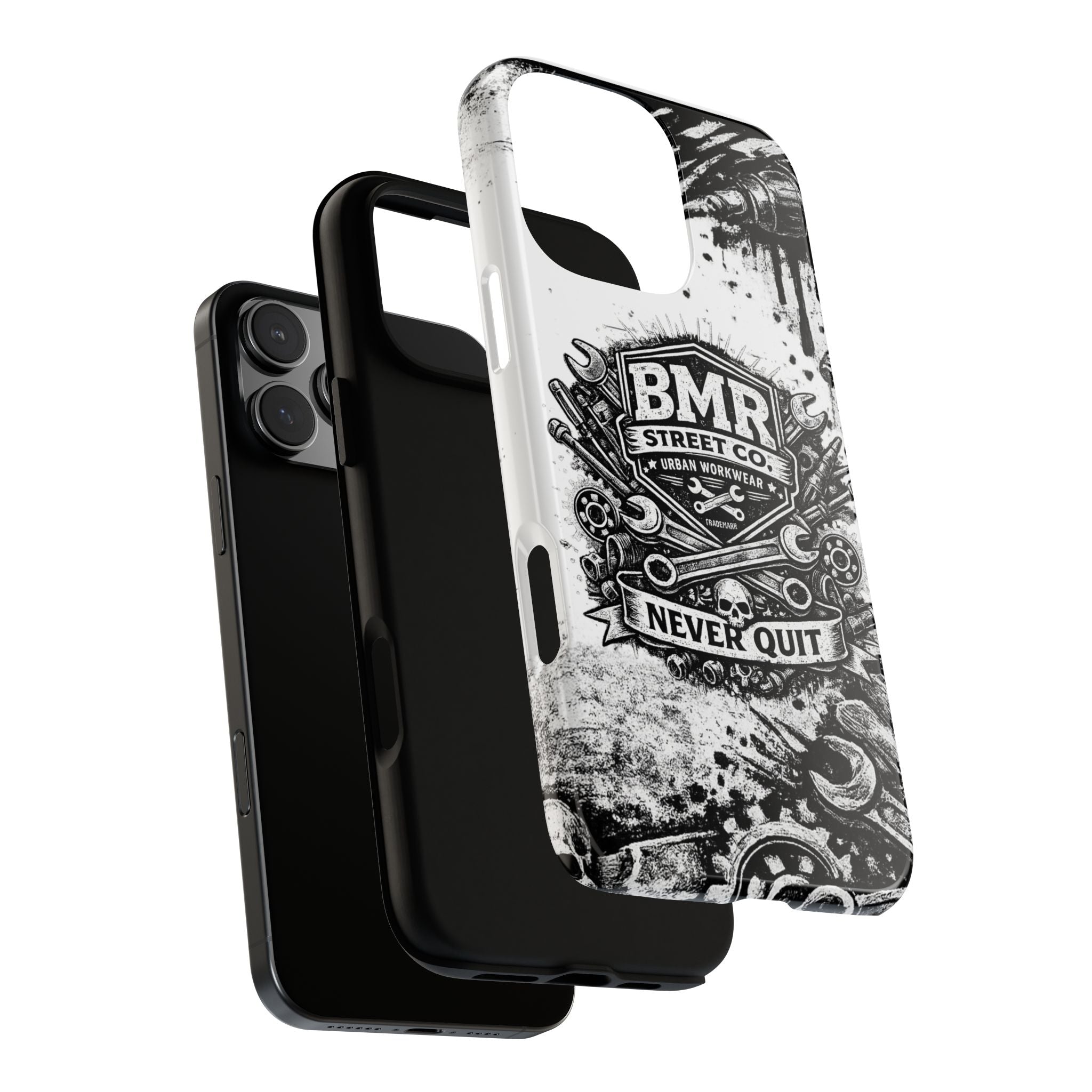 BMR Street Co. 'Never Quit' Tough Phone Case — Industrial Motorcycle Grunge Design