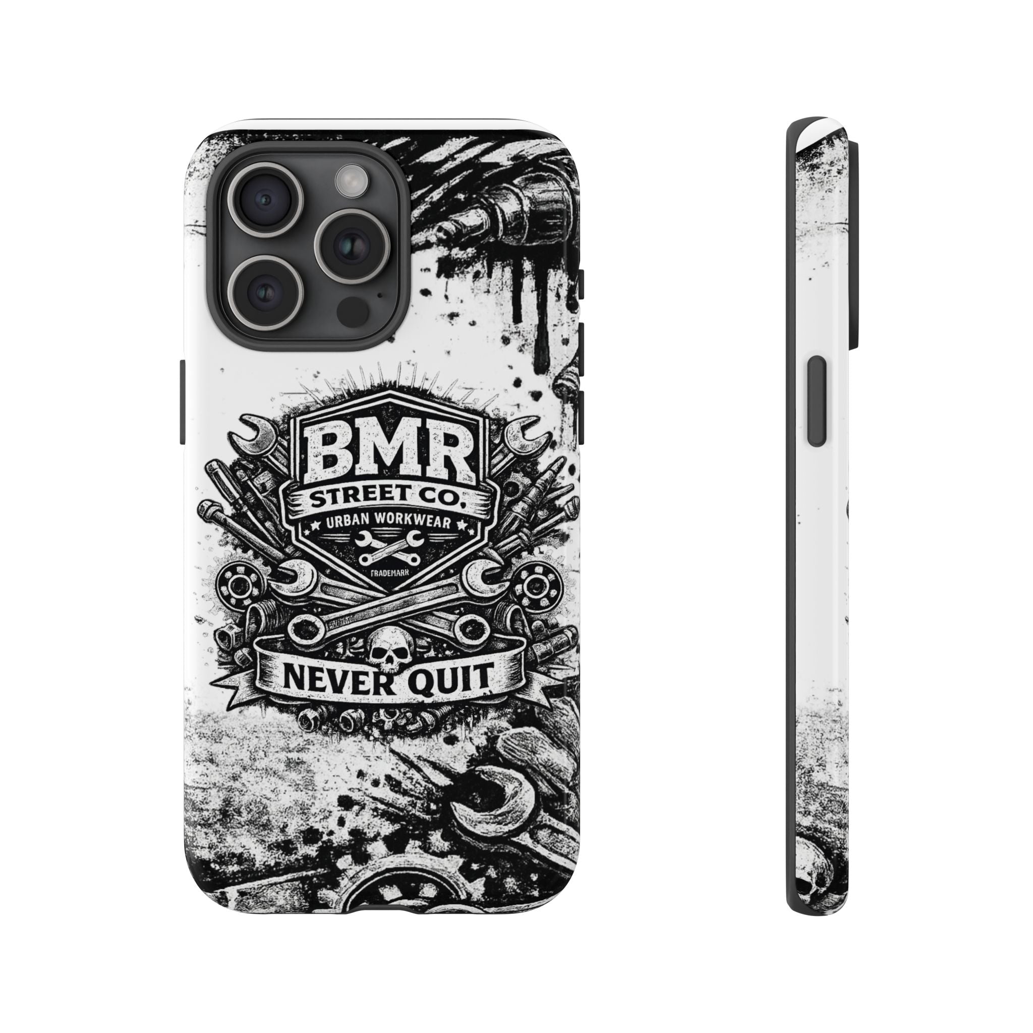 BMR Street Co. 'Never Quit' Tough Phone Case — Industrial Motorcycle Grunge Design