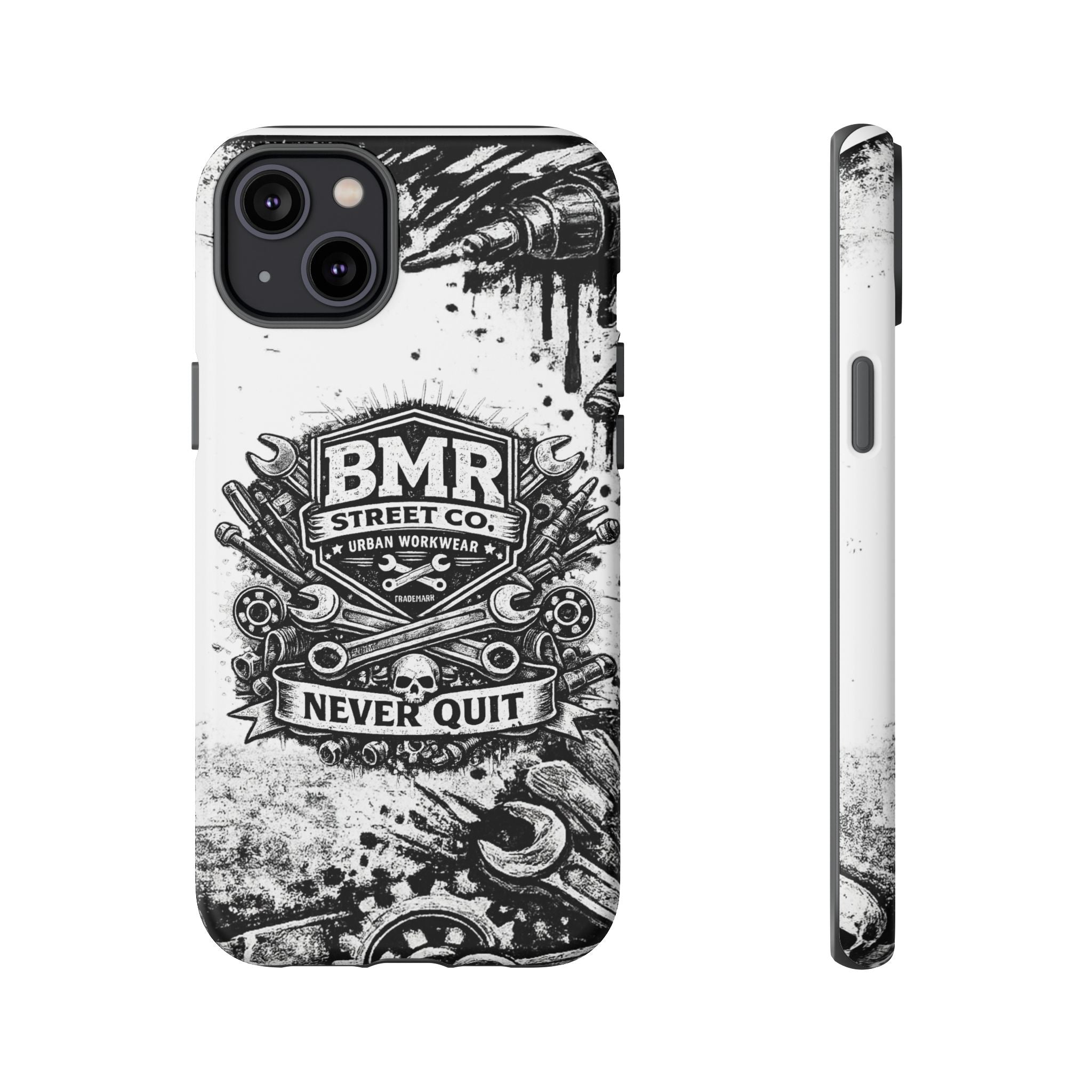 BMR Street Co. 'Never Quit' Tough Phone Case — Industrial Motorcycle Grunge Design