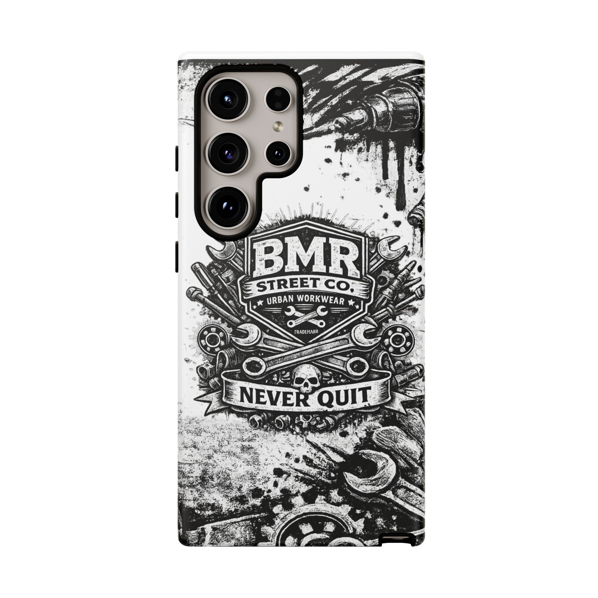 BMR Street Co. 'Never Quit' Tough Phone Case — Industrial Motorcycle Grunge Design