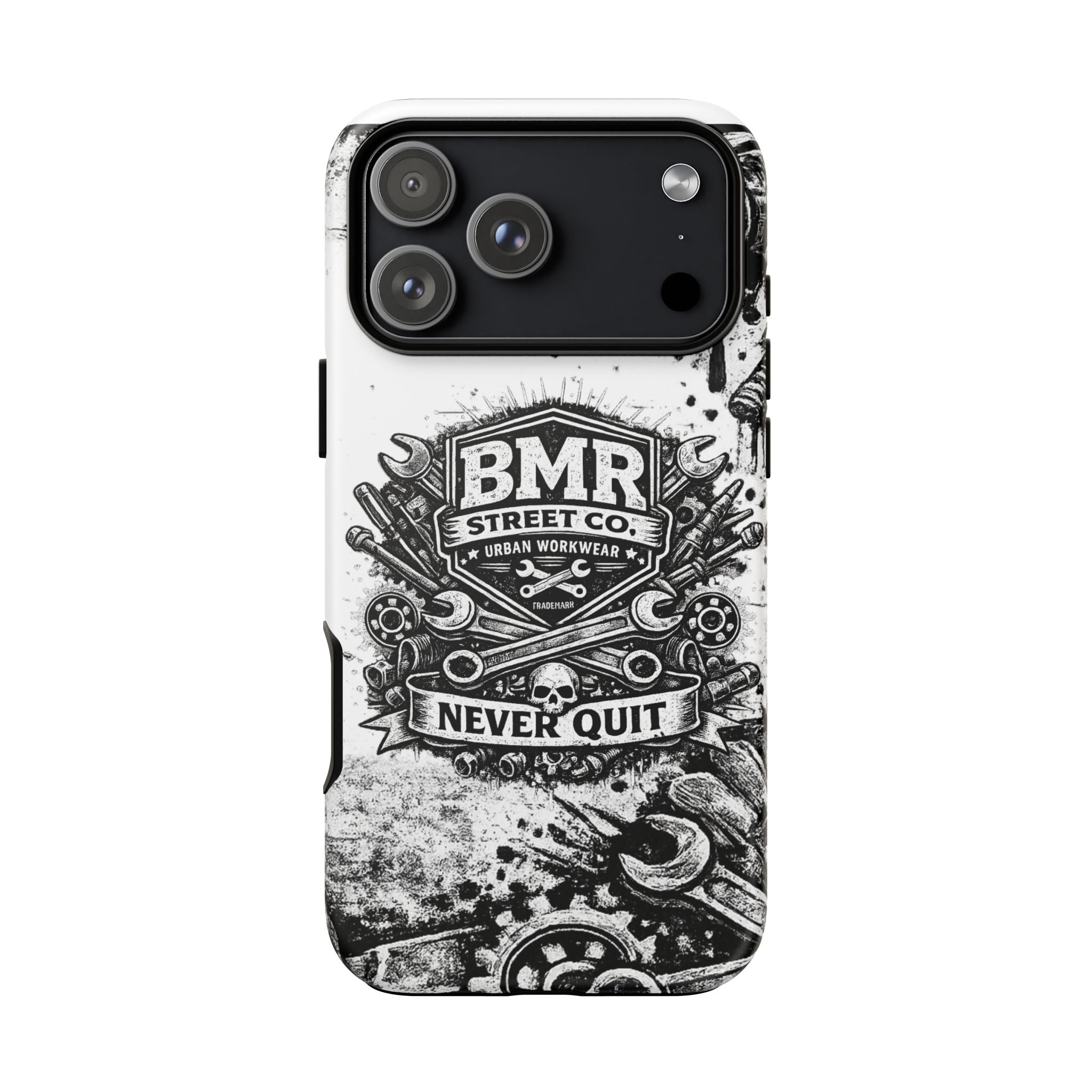 BMR Street Co. 'Never Quit' Tough Phone Case — Industrial Motorcycle Grunge Design