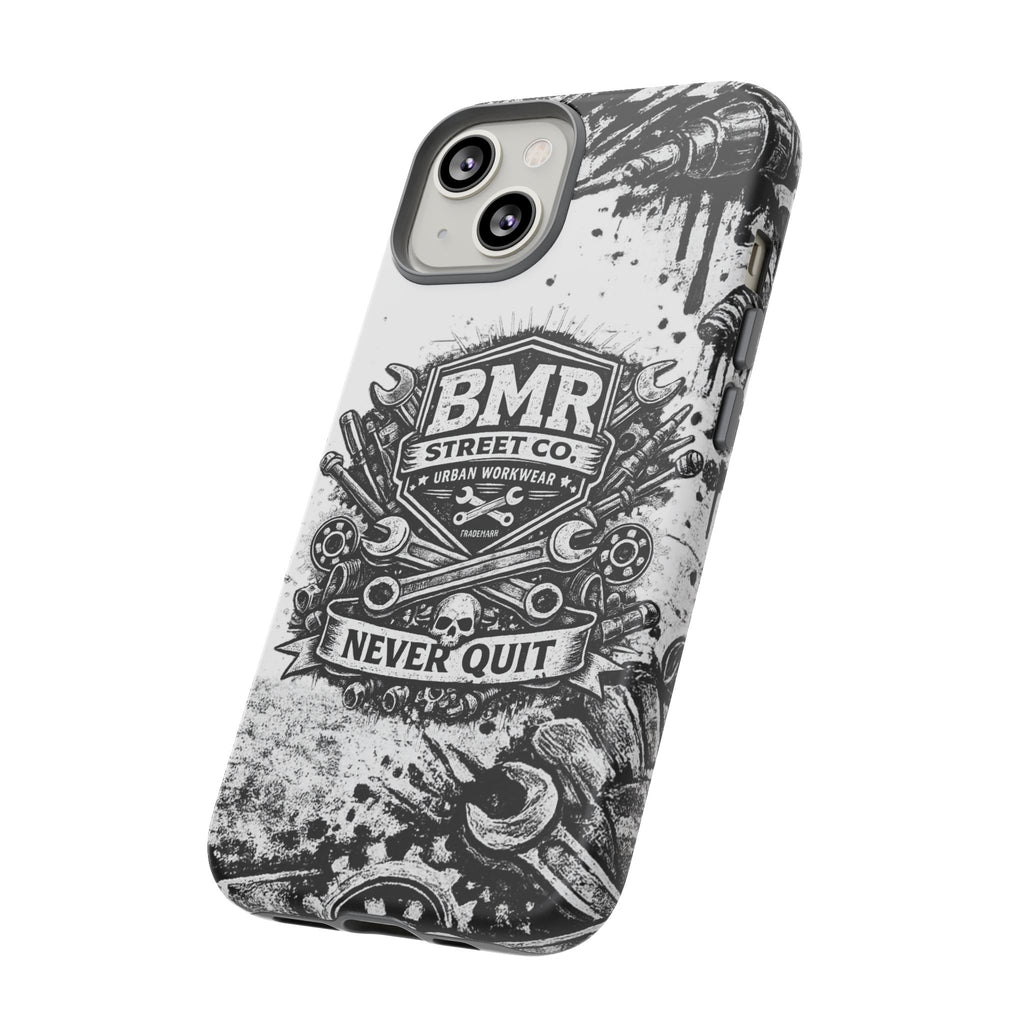 BMR Street Co. 'Never Quit' Tough Phone Case — Industrial Motorcycle Grunge Design