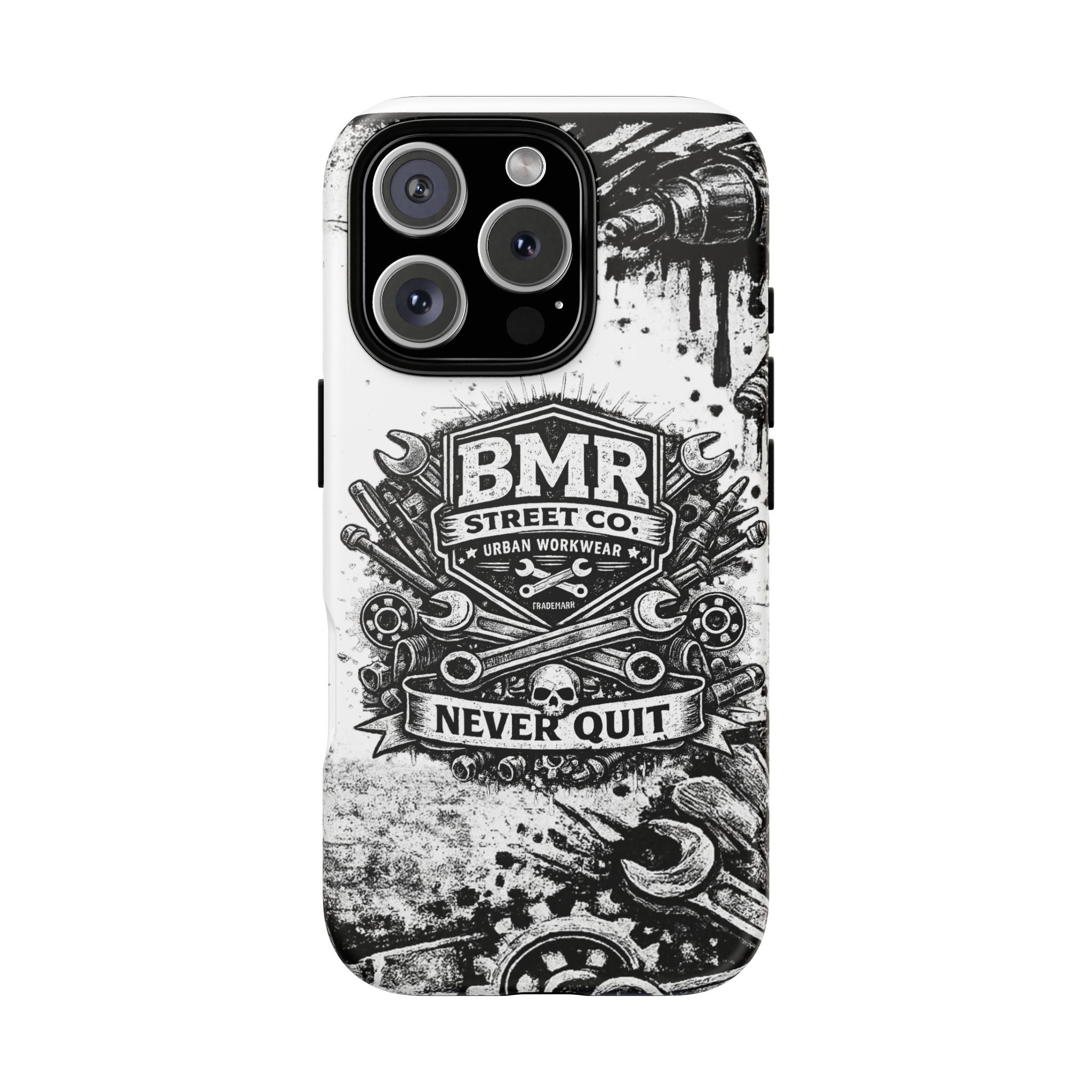 BMR Street Co. 'Never Quit' Tough Phone Case — Industrial Motorcycle Grunge Design