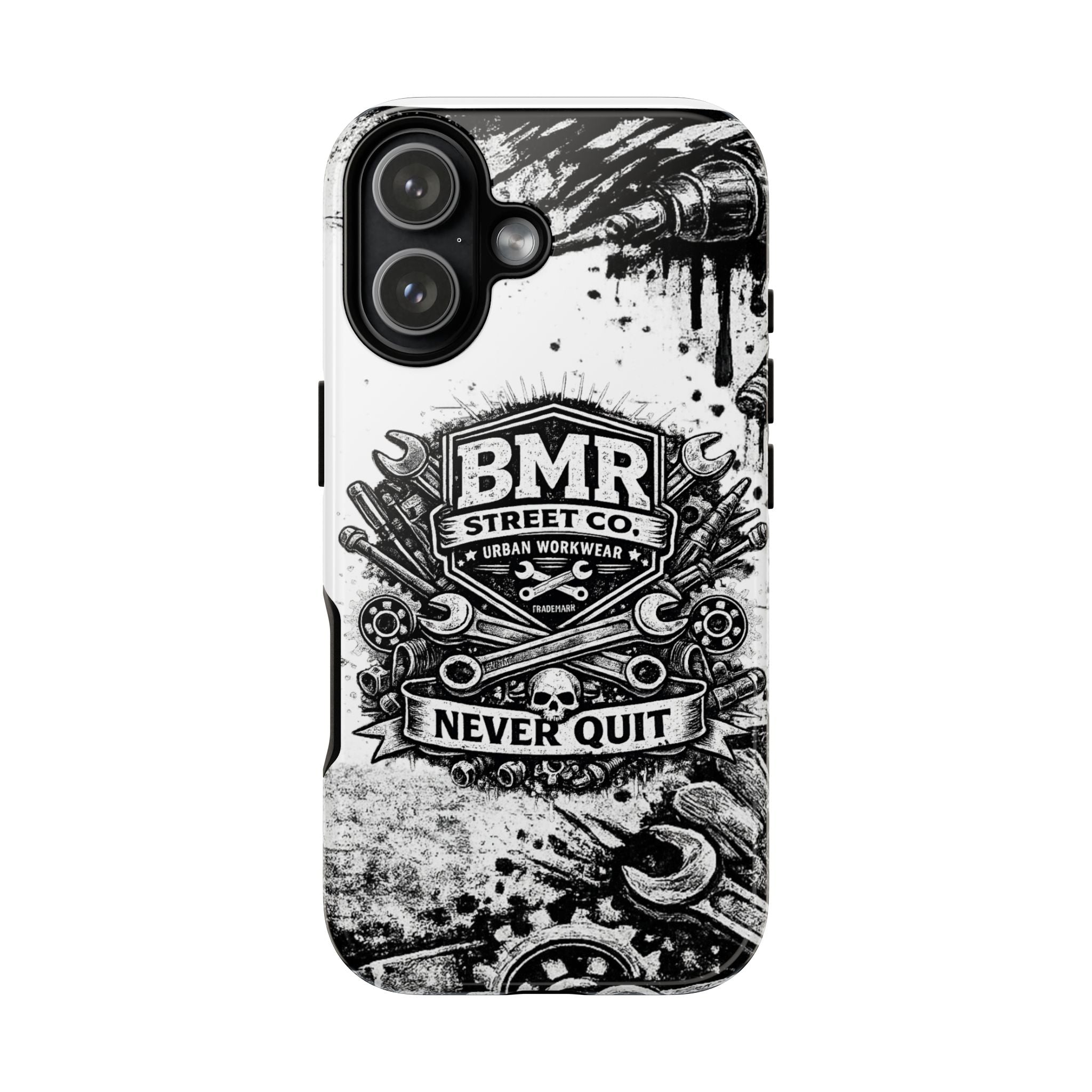 BMR Street Co. 'Never Quit' Tough Phone Case — Industrial Motorcycle Grunge Design