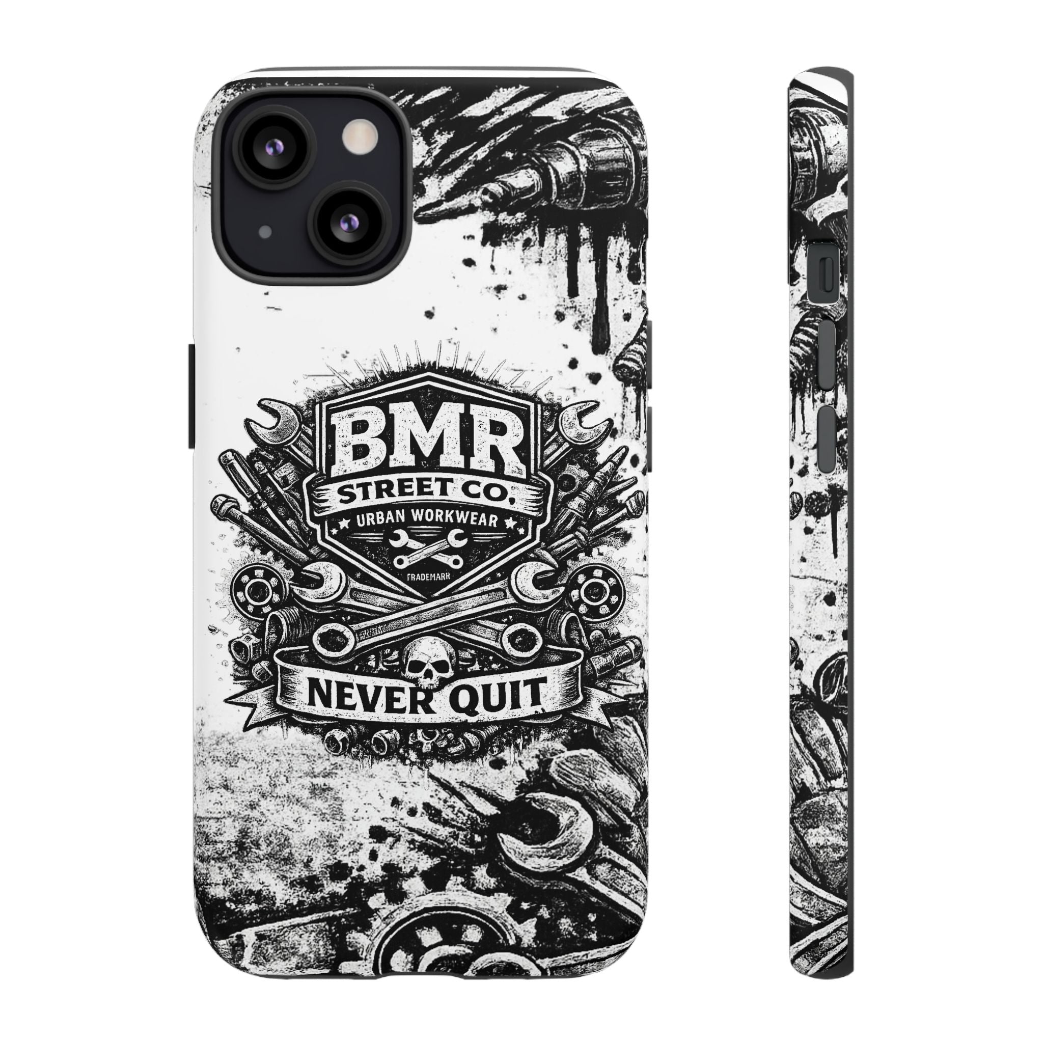 BMR Street Co. 'Never Quit' Tough Phone Case — Industrial Motorcycle Grunge Design