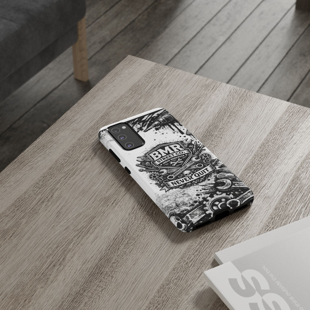 BMR Street Co. 'Never Quit' Tough Phone Case — Industrial Motorcycle Grunge Design