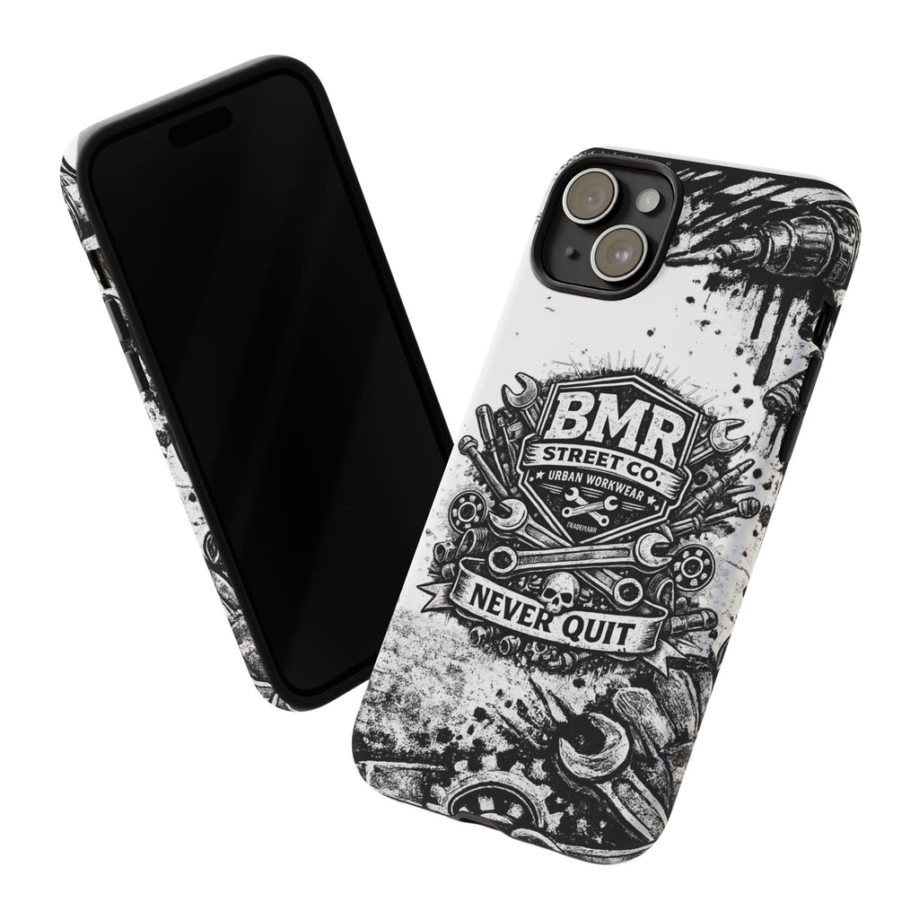 BMR Street Co. 'Never Quit' Tough Phone Case — Industrial Motorcycle Grunge Design