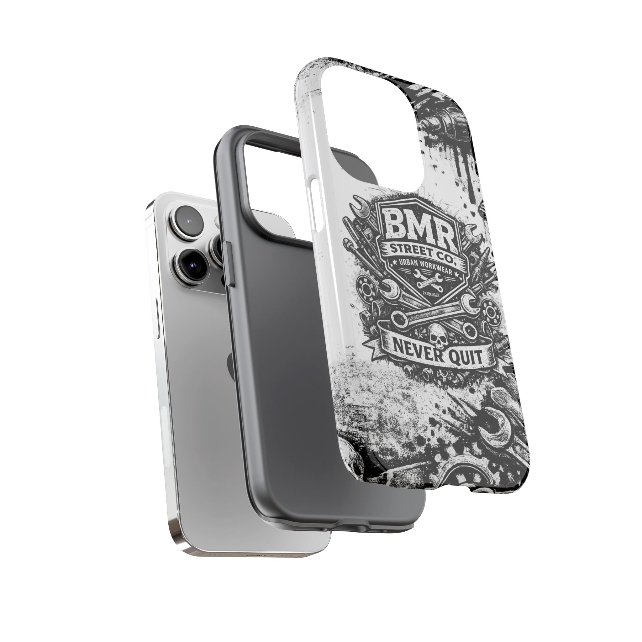 BMR Street Co. 'Never Quit' Tough Phone Case — Industrial Motorcycle Grunge Design