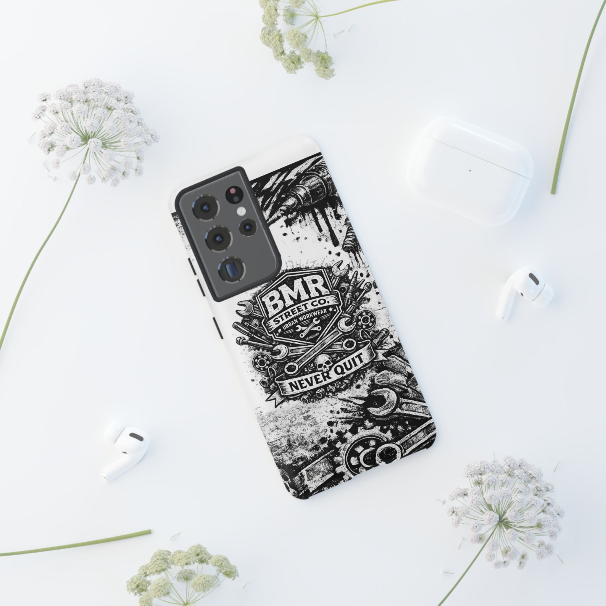 BMR Street Co. 'Never Quit' Tough Phone Case — Industrial Motorcycle Grunge Design