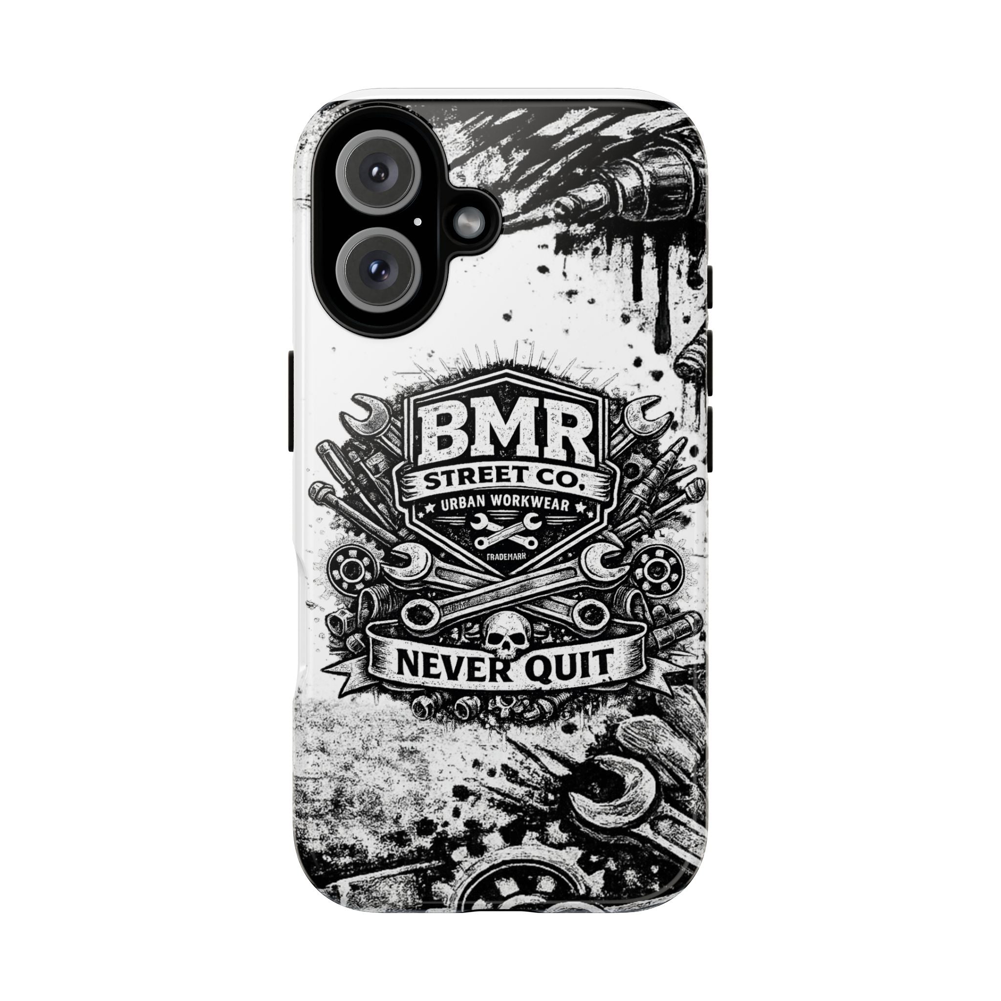 BMR Street Co. 'Never Quit' Tough Phone Case — Industrial Motorcycle Grunge Design