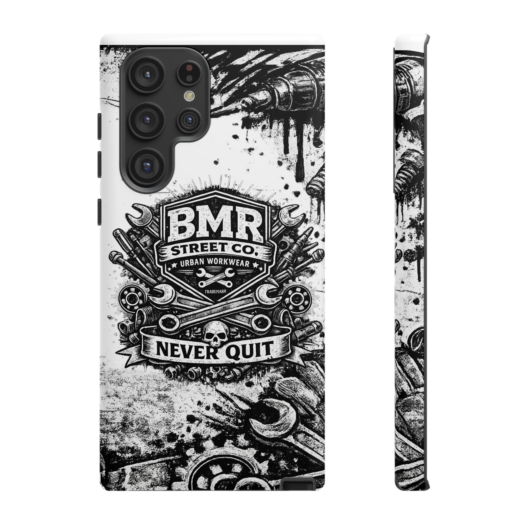 BMR Street Co. 'Never Quit' Tough Phone Case — Industrial Motorcycle Grunge Design
