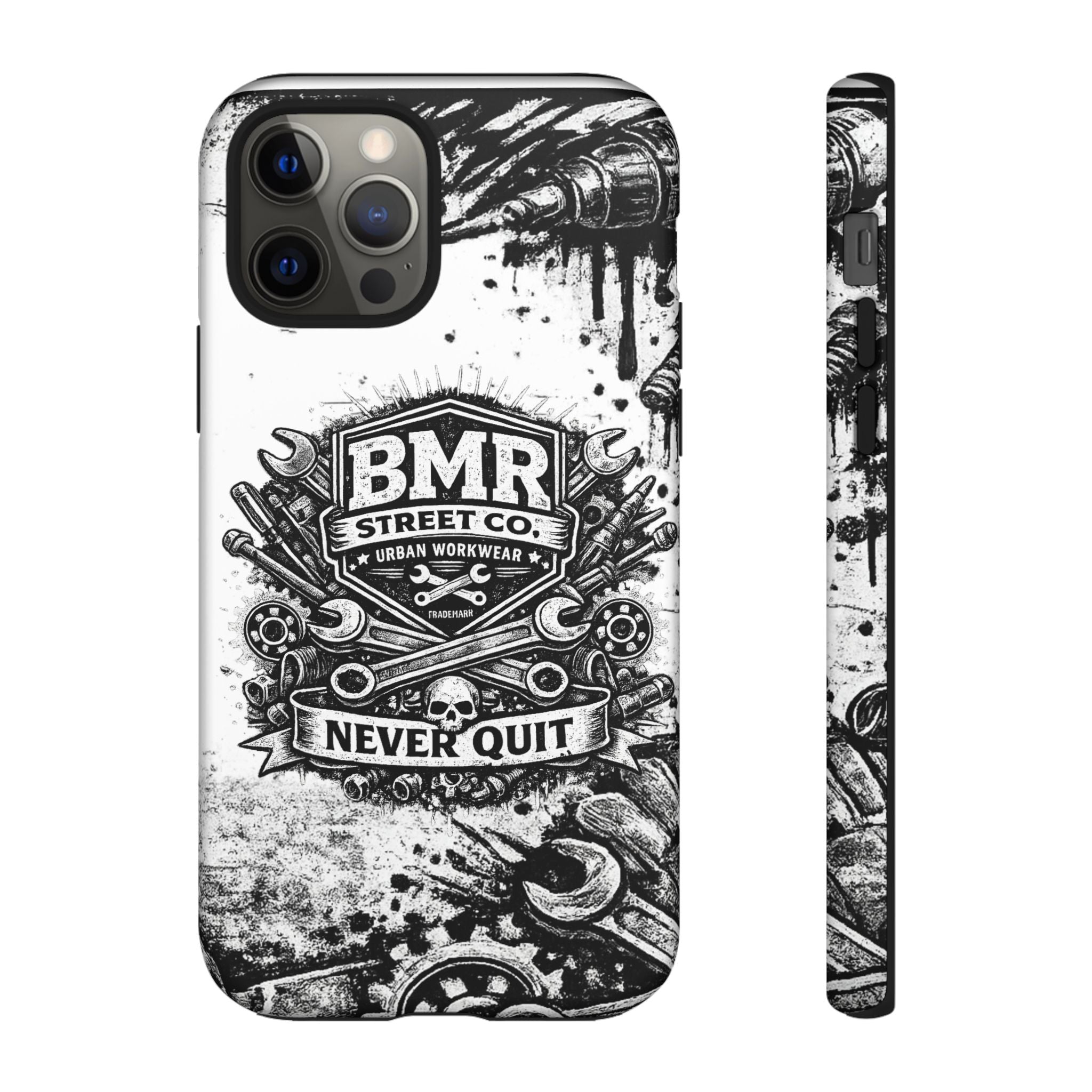 BMR Street Co. 'Never Quit' Tough Phone Case — Industrial Motorcycle Grunge Design