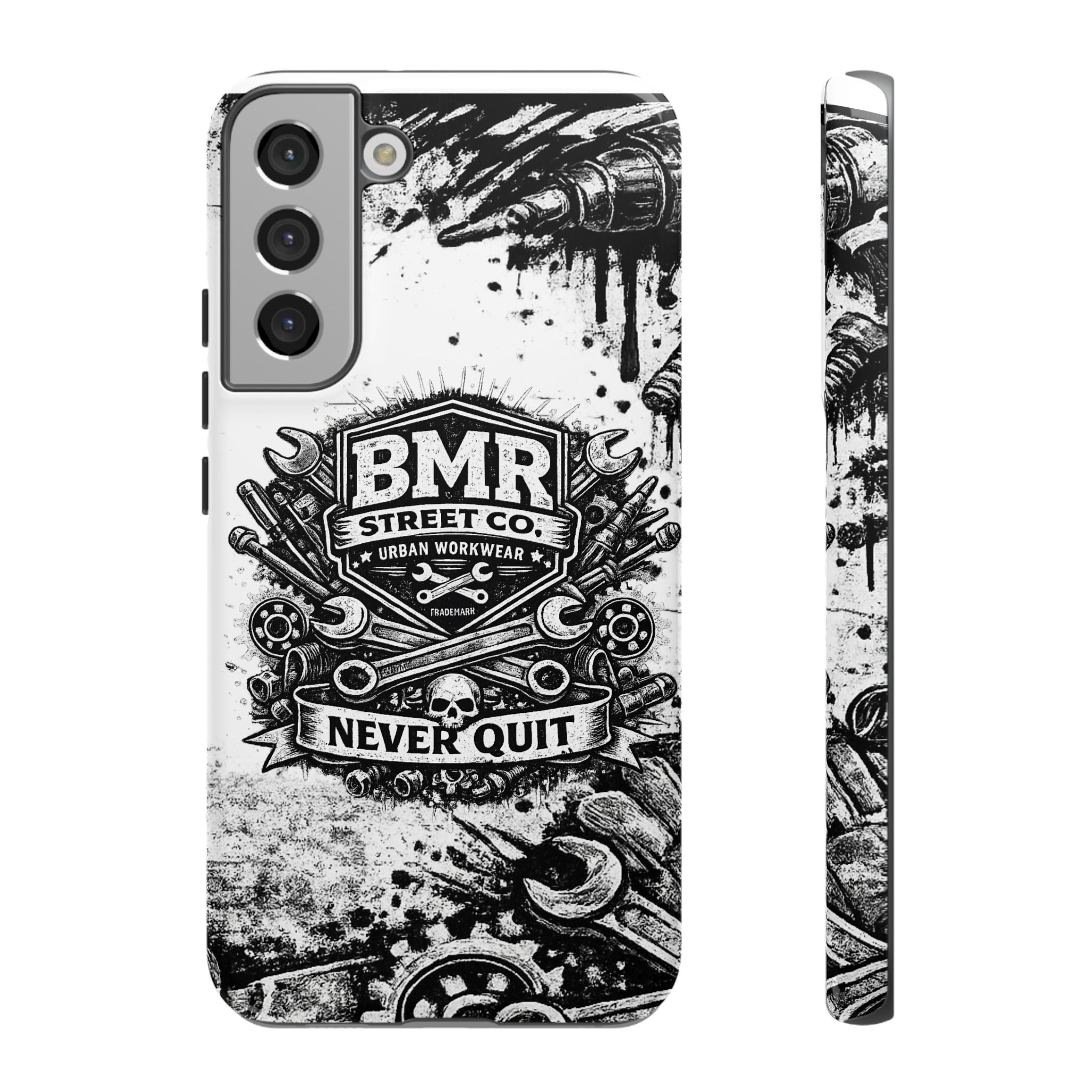 BMR Street Co. 'Never Quit' Tough Phone Case — Industrial Motorcycle Grunge Design