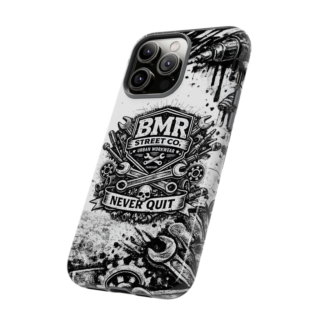 BMR Street Co. 'Never Quit' Tough Phone Case — Industrial Motorcycle Grunge Design