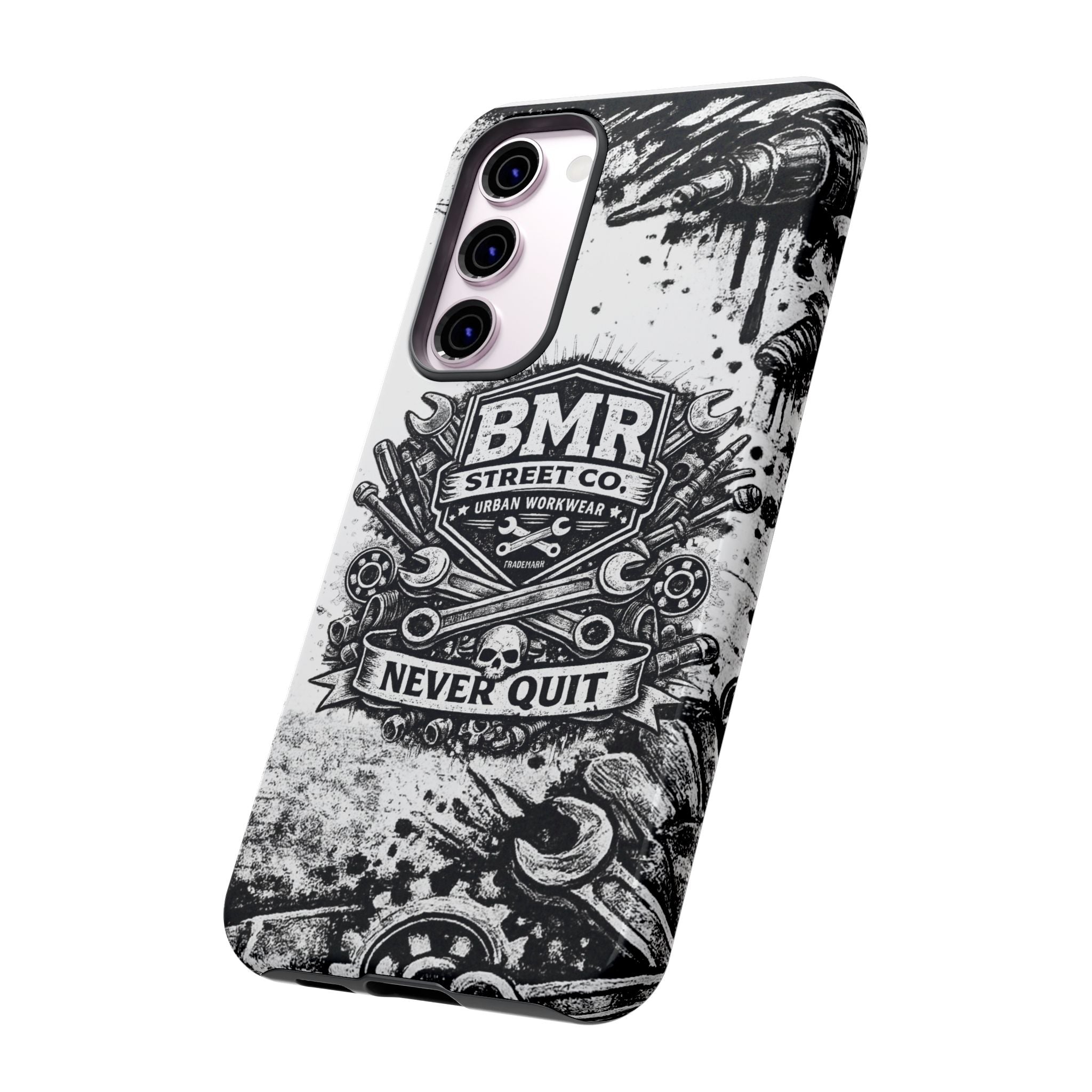 BMR Street Co. 'Never Quit' Tough Phone Case — Industrial Motorcycle Grunge Design