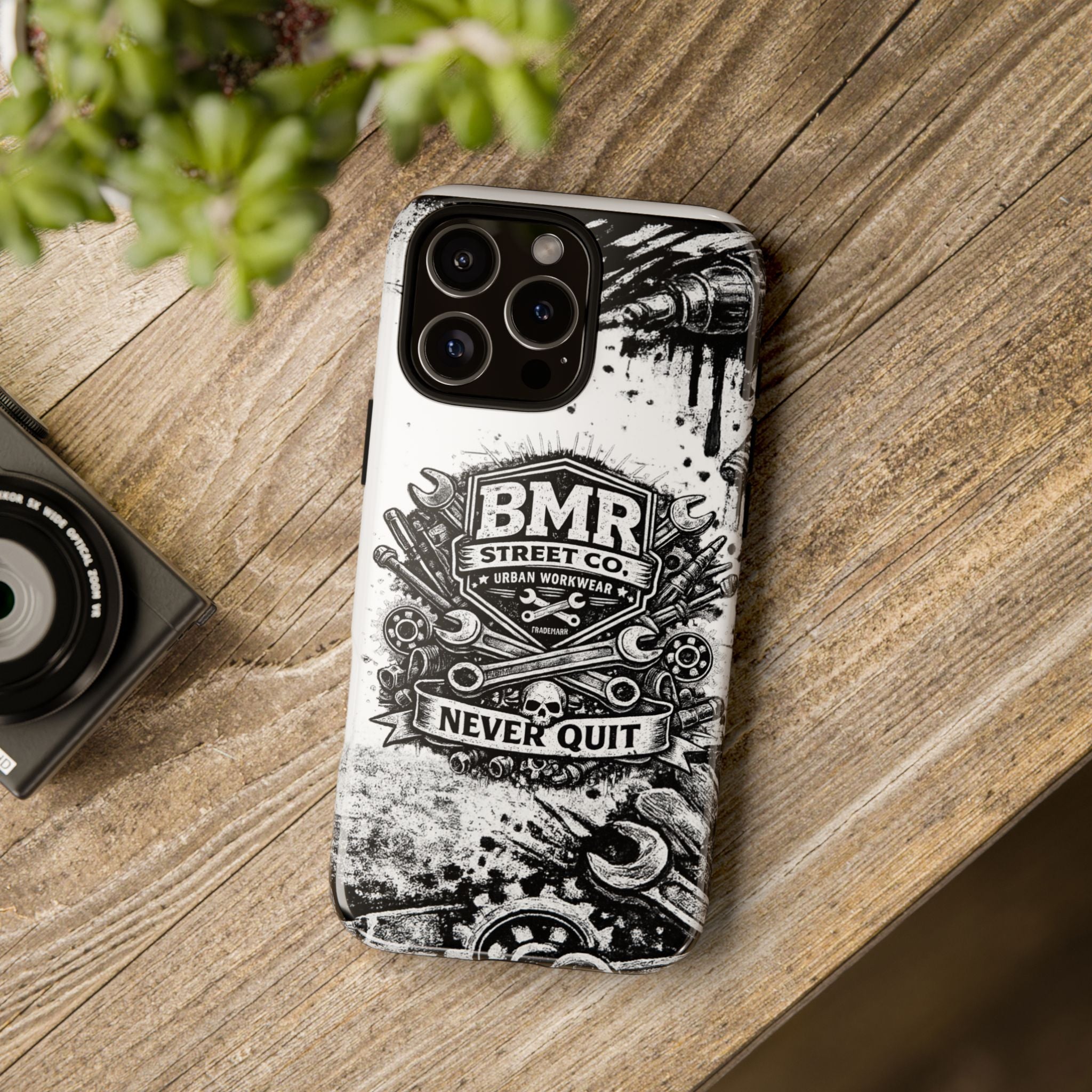 BMR Street Co. 'Never Quit' Tough Phone Case — Industrial Motorcycle Grunge Design