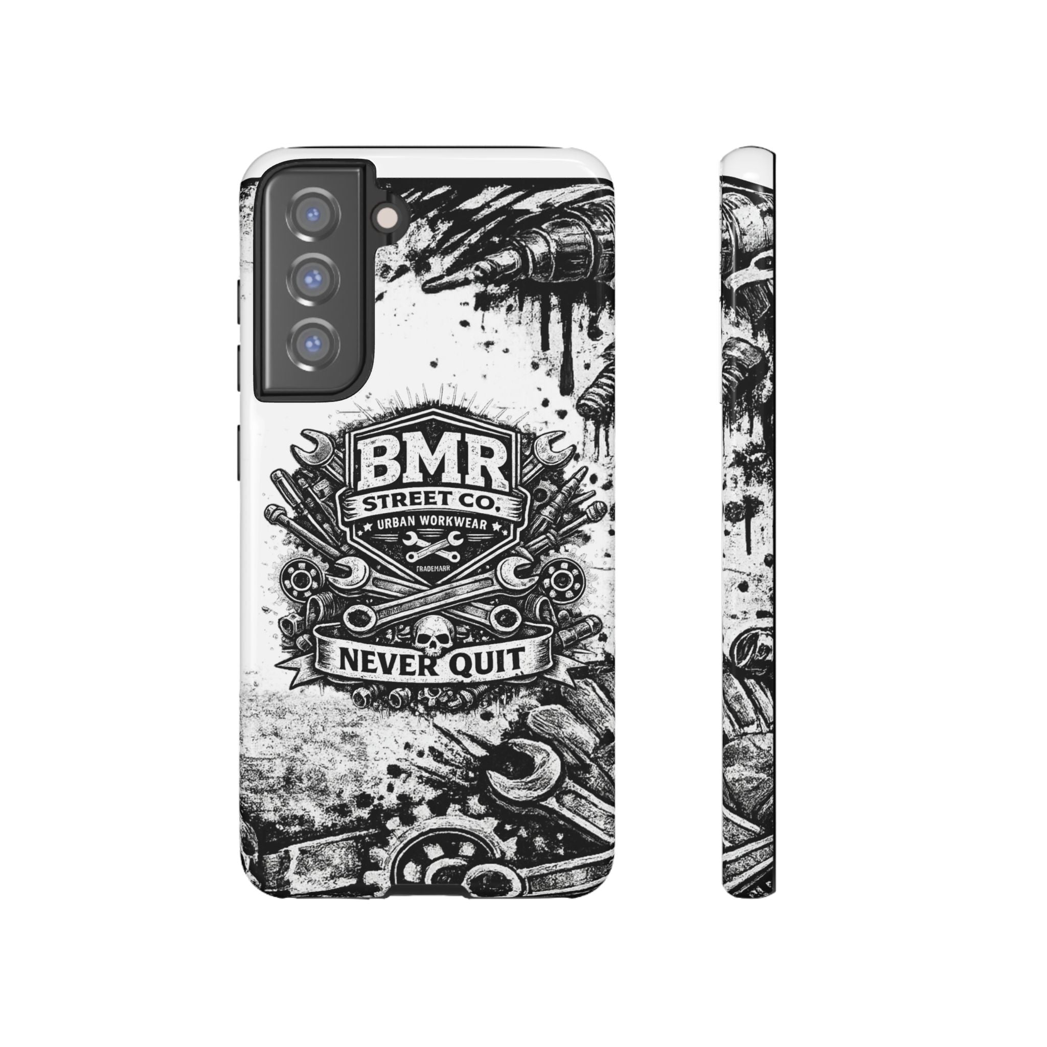BMR Street Co. 'Never Quit' Tough Phone Case — Industrial Motorcycle Grunge Design