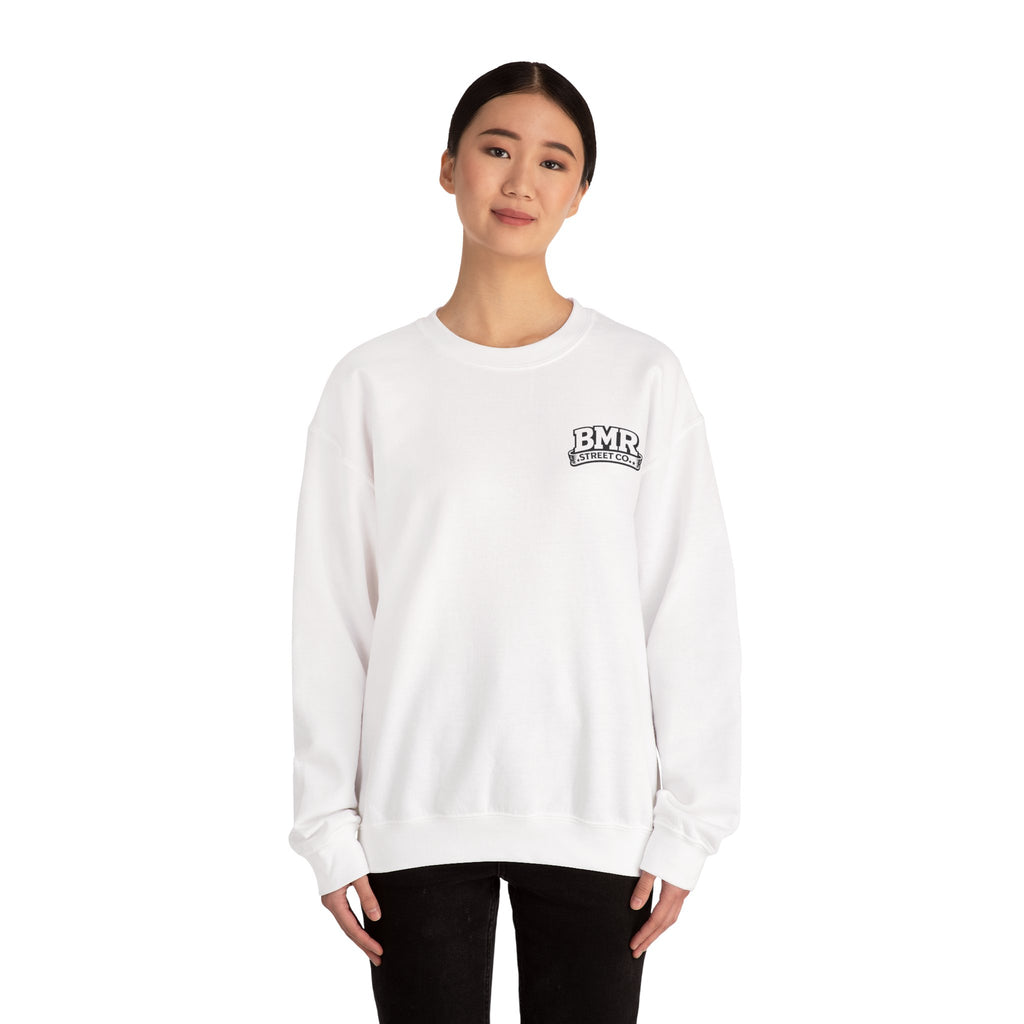 BMR Vintage Crest Crewneck Sweatshirt — White Casual Logo Pullover