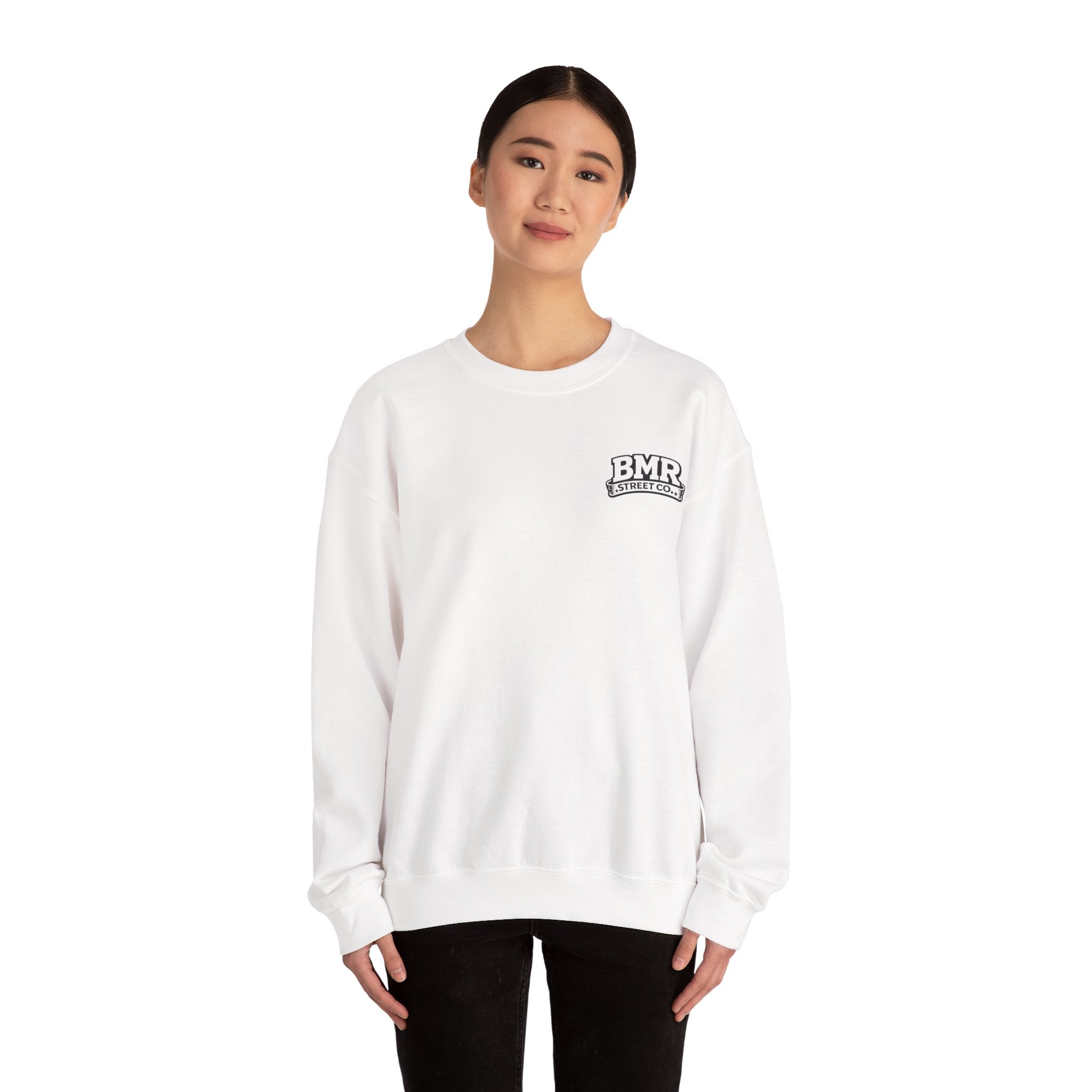 BMR Vintage Crest Crewneck Sweatshirt — White Casual Logo Pullover
