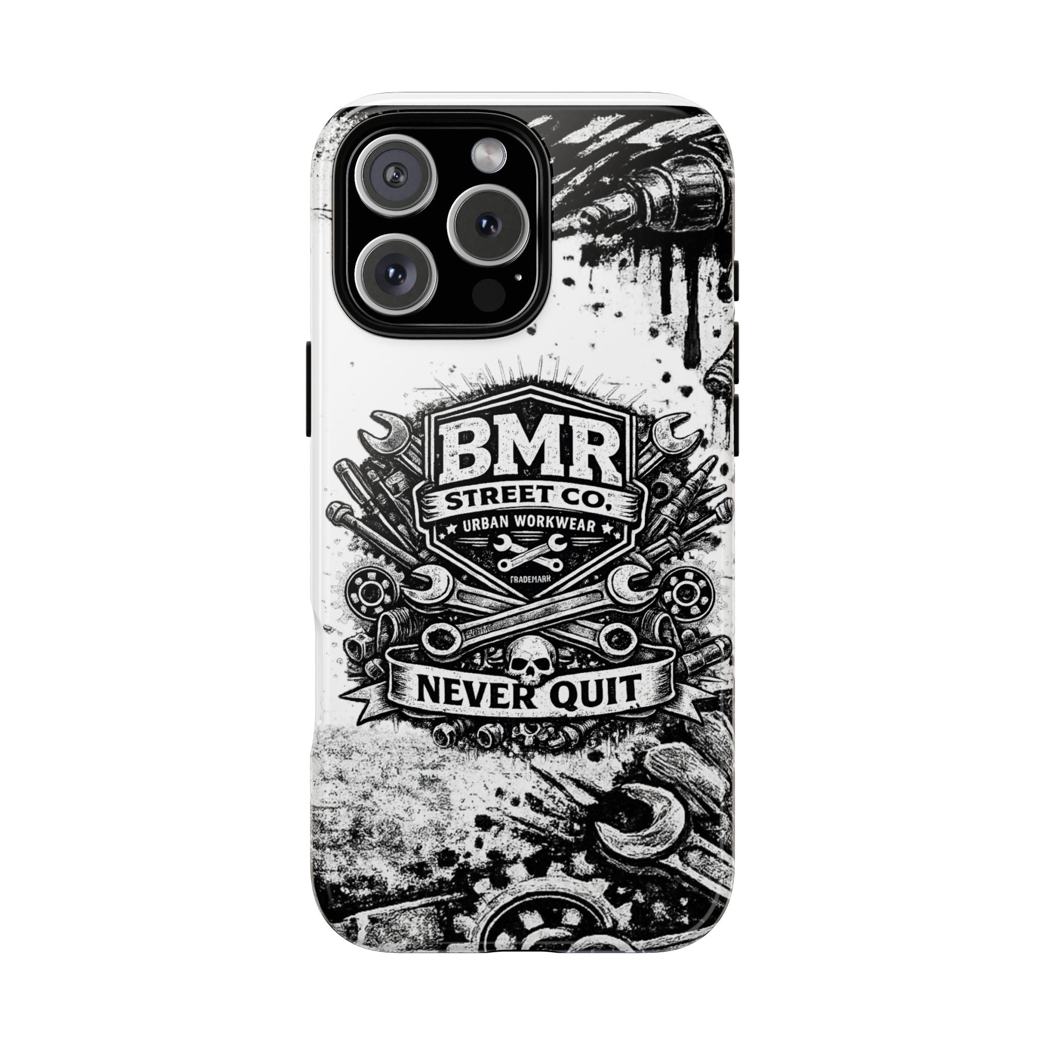 BMR Street Co. 'Never Quit' Tough Phone Case — Industrial Motorcycle Grunge Design