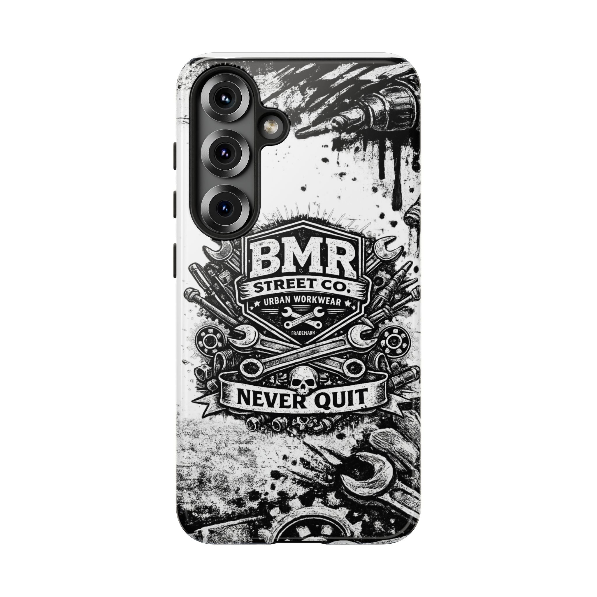 BMR Street Co. 'Never Quit' Tough Phone Case — Industrial Motorcycle Grunge Design
