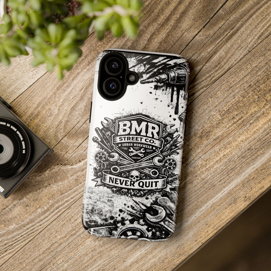 BMR Street Co. 'Never Quit' Tough Phone Case — Industrial Motorcycle Grunge Design