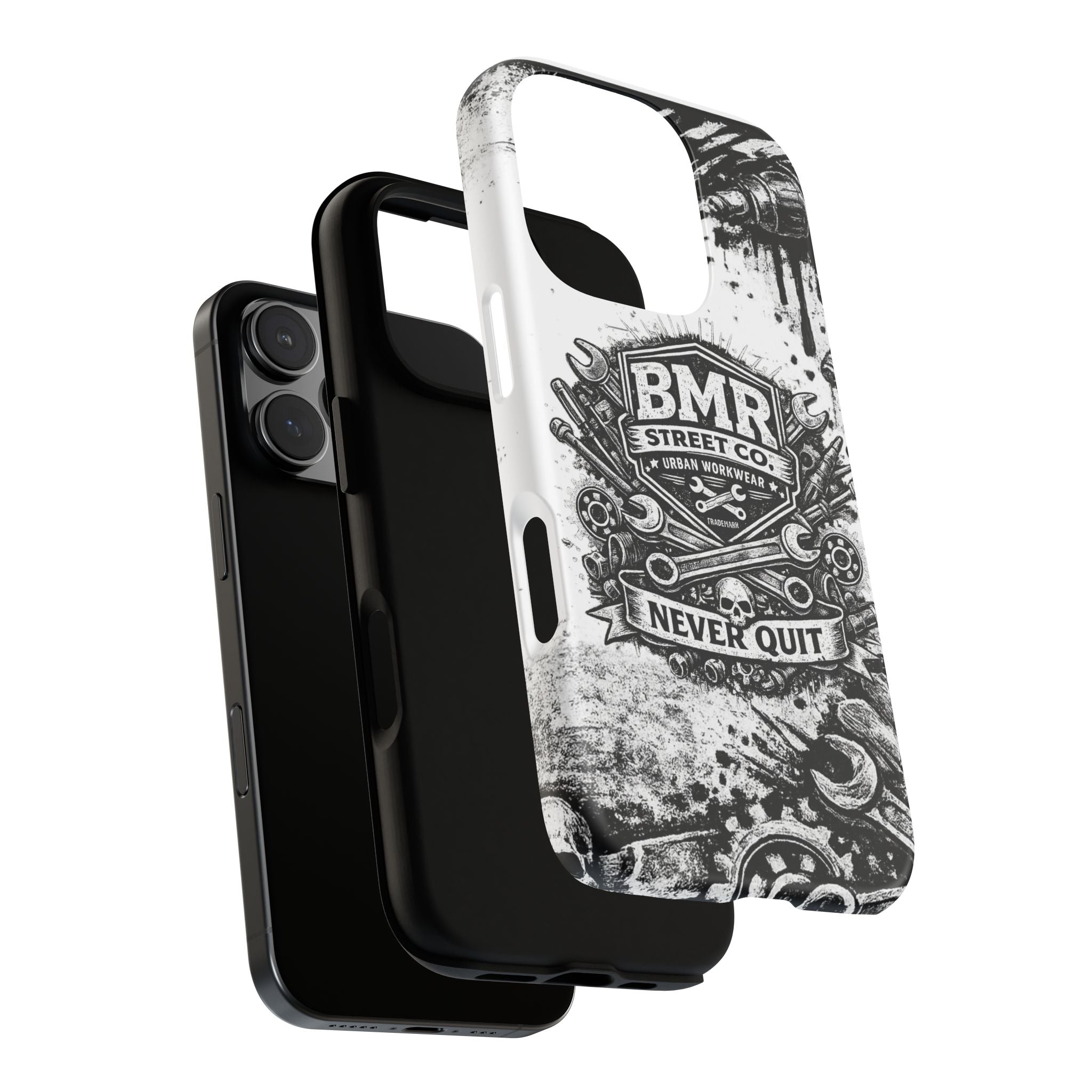 BMR Street Co. 'Never Quit' Tough Phone Case — Industrial Motorcycle Grunge Design