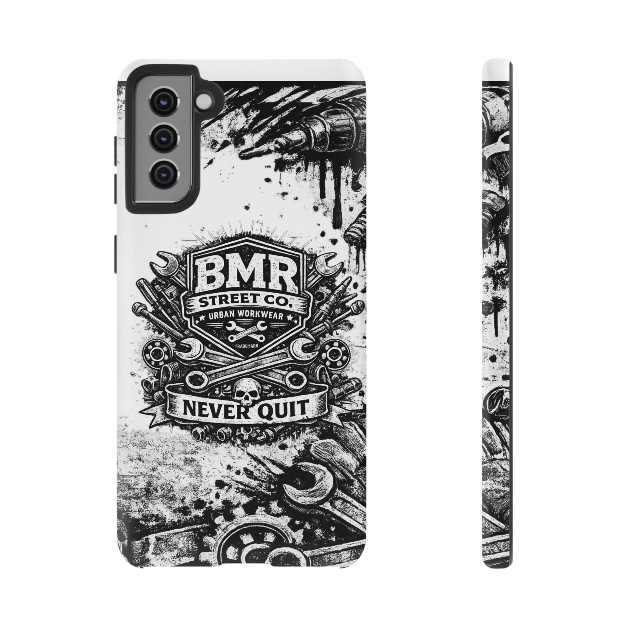 BMR Street Co. 'Never Quit' Tough Phone Case — Industrial Motorcycle Grunge Design