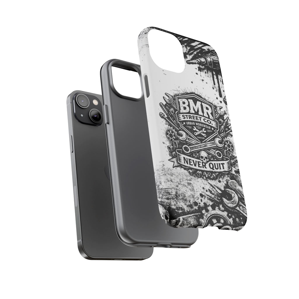 BMR Street Co. 'Never Quit' Tough Phone Case — Industrial Motorcycle Grunge Design