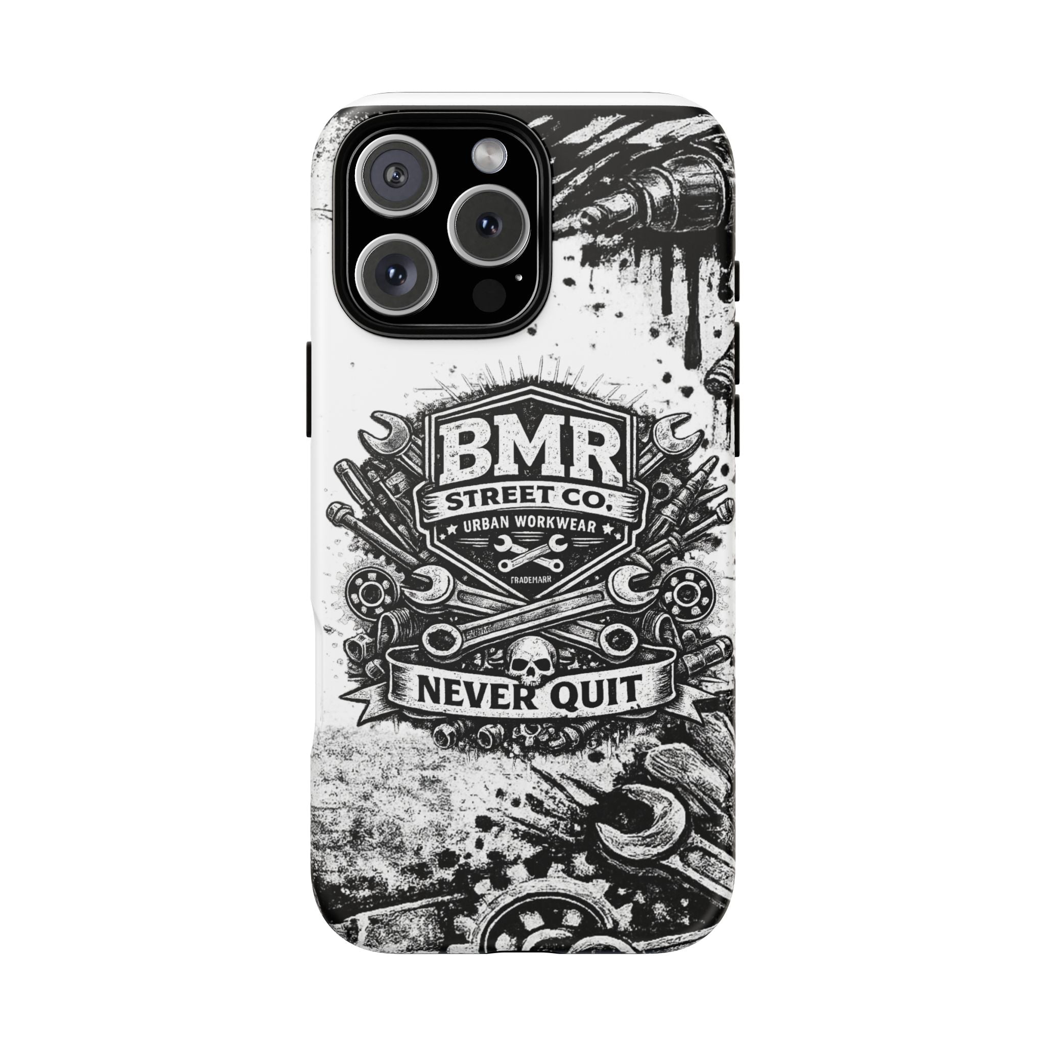 BMR Street Co. 'Never Quit' Tough Phone Case — Industrial Motorcycle Grunge Design